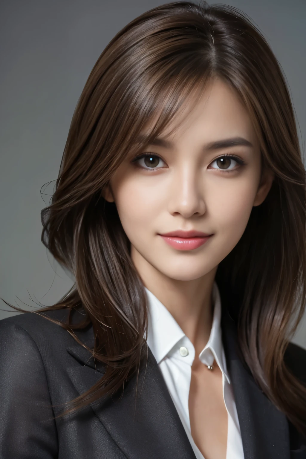 master piece, highest quality, photorealistic, Super detailed, Attention to detail, High resolution, 8k wallpaper, one beautiful woman,, light brown messy hair, wearing a business suit, sharp focus, perfect dynamic composition, beautiful detailed eyes, detailed hair, Detailed realistic skin texture, smile, close up portrait, model body shape