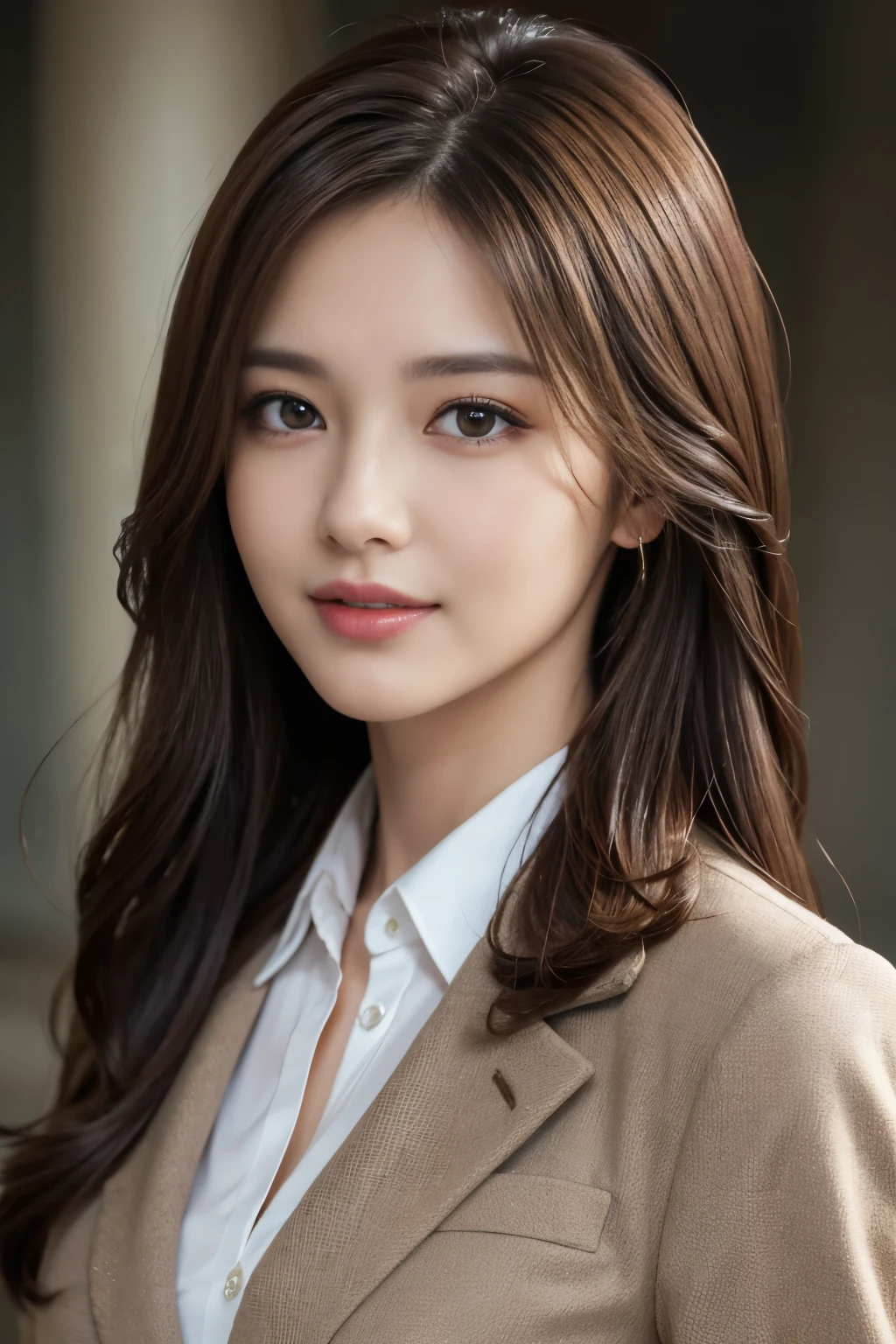 master piece, highest quality, photorealistic, Super detailed, Attention to detail, High resolution, 8k wallpaper, one beautiful woman,, light brown messy hair, wearing a business suit, sharp focus, perfect dynamic composition, beautiful detailed eyes, detailed hair, Detailed realistic skin texture, smile, close up portrait, model body shape