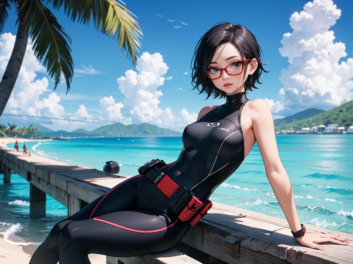 Sarada Uchiha with short hair, black eyes, wearing prescription glasses. She is wearing a black wetsuit with red details, wearing tactel shorts, wearing a utility belt around your waist, she is on a reef with half her body out of the water, the day is sunny with some clouds, Red lipstick. paradise island in the background.