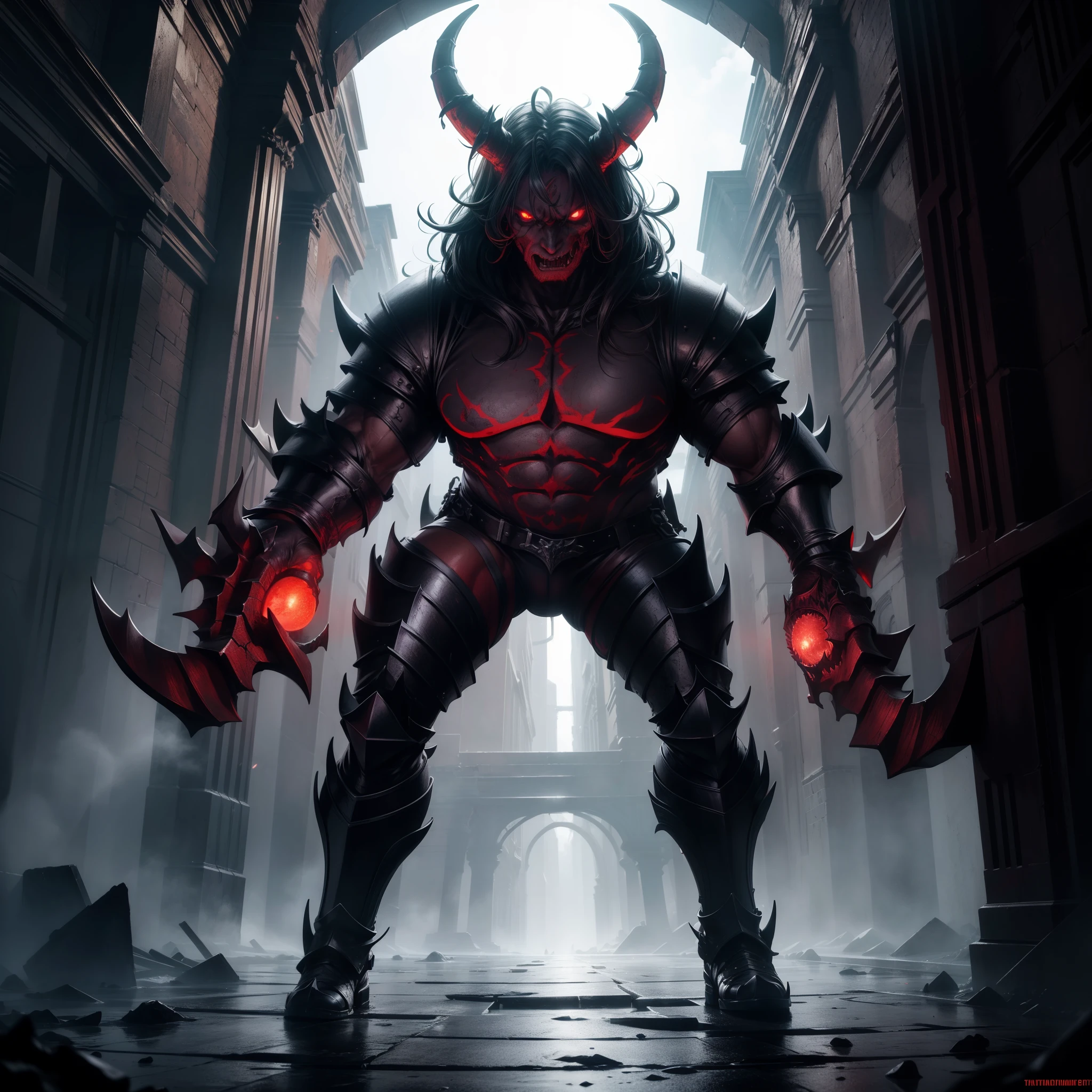 (masterpiece), (best quality), (ultra-detailed), (masterpiece), (best quality), (ultra-quality), dark lighting, demon, huge, fiendish, horned creature, red eyes, wearing black armor, full body, muscles, standing in hell, towering over