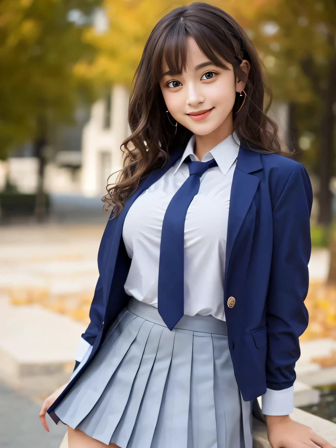 8K, highest quality, real image, intricate details, Super detailed, ultra high resolution, depth field,(realistic,realistic:1.2), (black eye), From the middle, 1 girl, very beautiful 17 year old girl, Big eyes, beautiful breasts:1.5、highly detailed eyes:1.2), (beautiful breasts:1.1), (small breasts:1.2), wavy hair、curly hair、bangs, perfect skin, Fair skin, huge hips, thick thighs, thick legs, cleavage, tight waist, light blush, alone, looking at the viewer, (smile:1.4), ((School_uniform),(dark blue blazer), (white shirt、Wearing a tie), (gray pleated skirt), (sculpture installation :1.1)