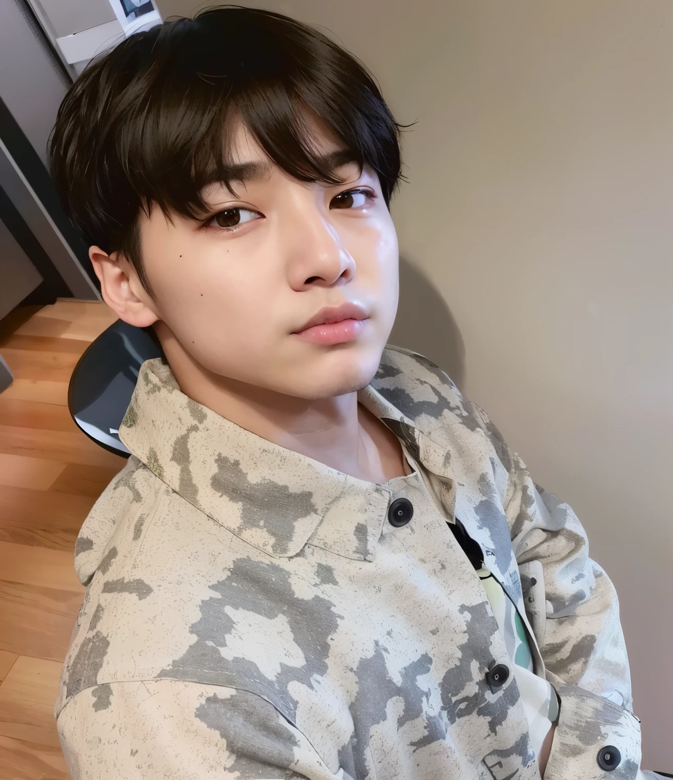 arafed boy with a short haircut and a camouflage shirt, jungkook, Jinyoung Shin, hyung tae, foto de perfil en la cabeza, TaeJune Kim, kim doyoung, sakimichan, Jung Jaehyun, hong junio hyung, foto de perfil 1024px, pale korean adorable face, pintar ulzzang, yoongi de pelo negro, diez lee