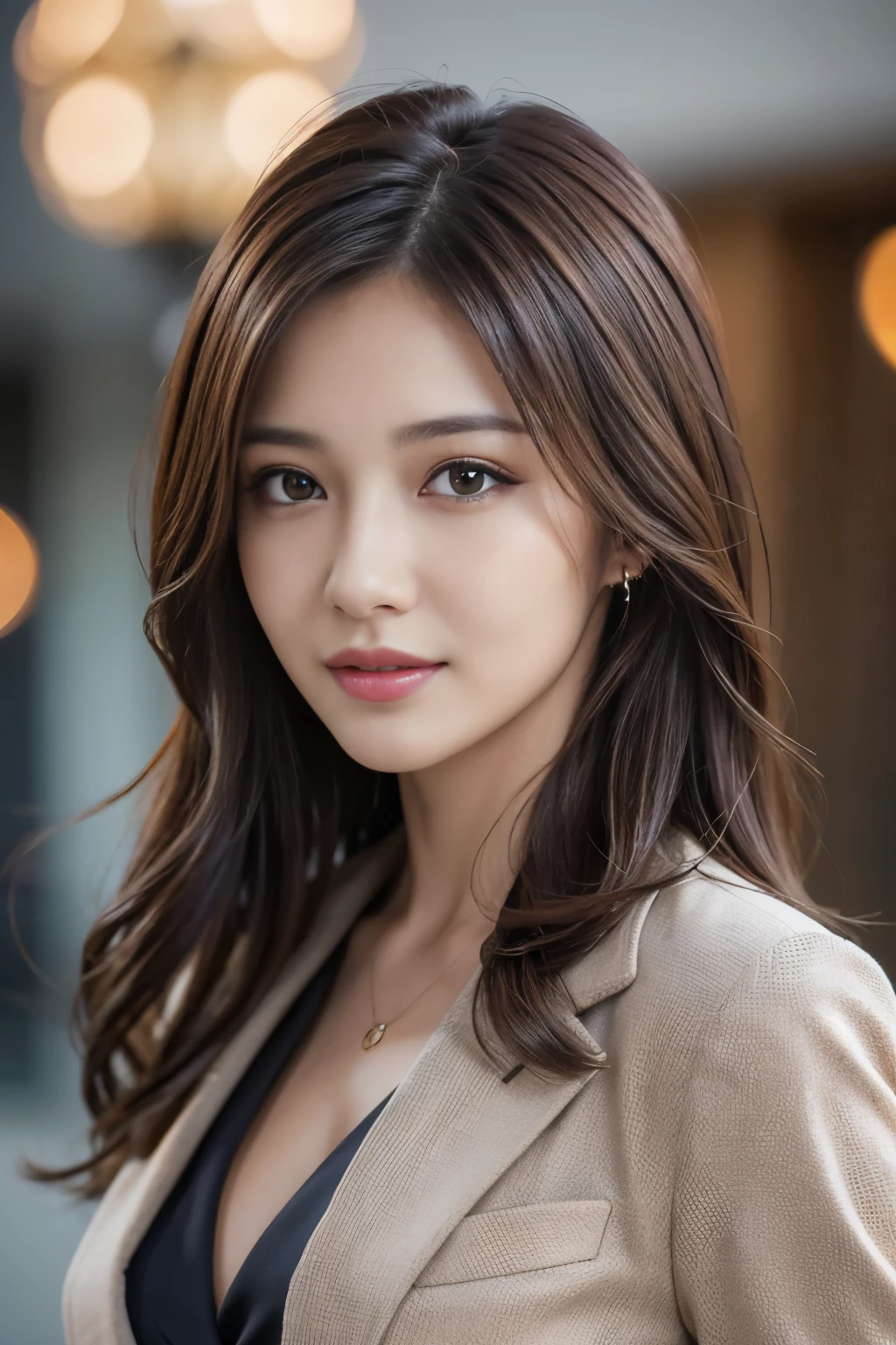 master piece, highest quality, photorealistic, Super detailed, Attention to detail, High resolution, 8k wallpaper, one beautiful woman,, light brown messy hair, wearing a business suit, sharp focus, perfect dynamic composition, beautiful detailed eyes, detailed hair, Detailed realistic skin texture, smile, close up portrait, model body shape