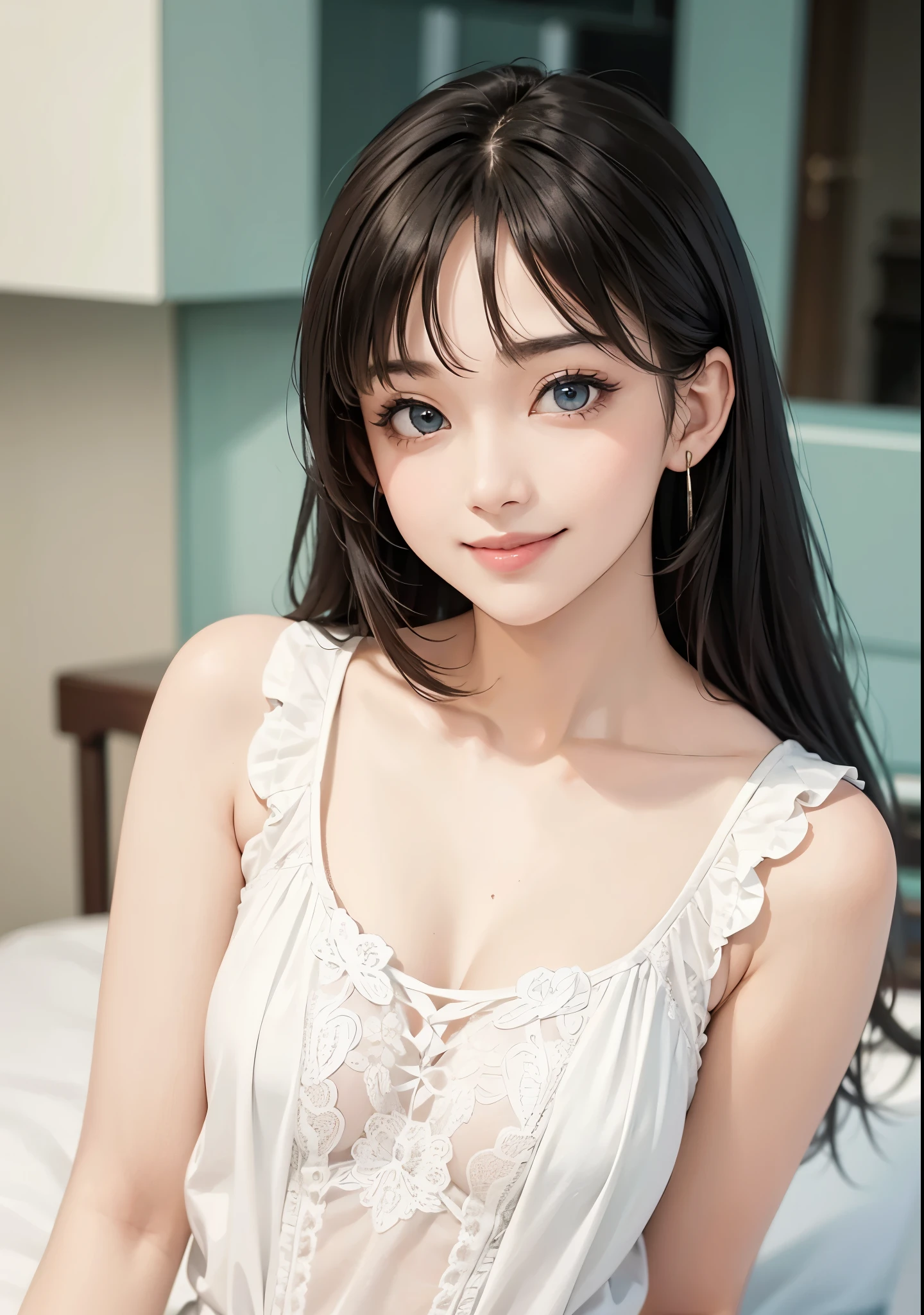 Masterpiece, best quality, perfect face, beautiful eyes, beautiful face, 1girl, solo, looking at viewer, smiling, bangs, upper body, sleeveless shirt, long hair, bangs