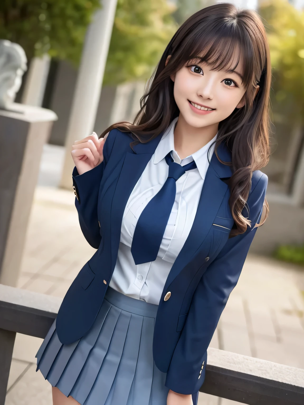 8K, highest quality, real image, intricate details, Super detailed, ultra high resolution, depth field,(realistic,realistic:1.2), (black eye), From the middle, 1 Girl Japan, very beautiful 17 year old girl, Big eyes, beautiful breasts:1.5、highly detailed eyes:1.2), (beautiful breasts:1.1), (small breasts:1.2), wavy hair、curly hair、bangs, perfect skin, Fair skin, huge hips, thick thighs, thick legs, cleavage, tight waist, light blush, alone, looking at the viewer, (smile:1.4), ((School_uniform),(dark blue blazer), (white shirt、Wearing a tie), (gray pleated skirt), (sculpture installation :1.1)