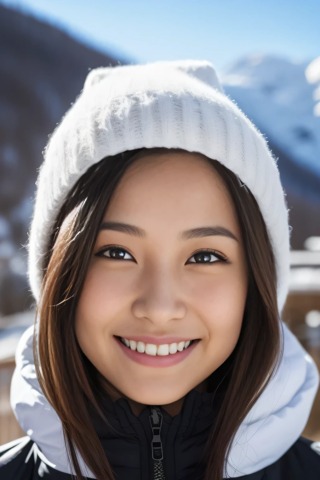 The face is a hostess、(1 beautiful woman、close up of face）ski wear、high quality、surreal、healthy、smile、Perfect slender figure、beauty of japan、beautiful eyes、perfect face、beautiful skin、Ski resorts