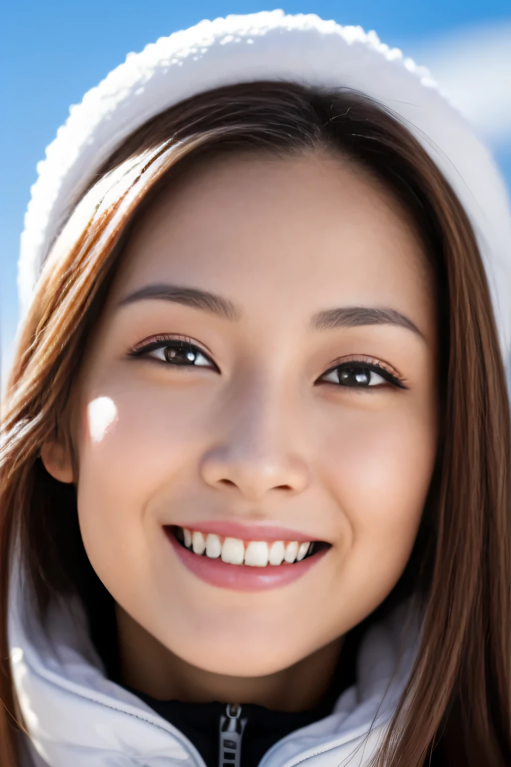 The face is a hostess、(1 beautiful woman、close up of face)ski wear、high quality、surreal、healthy、smile、Perfect slender figure、beauty of japan、beautiful eyes、perfect face、beautiful skin、Ski resorts