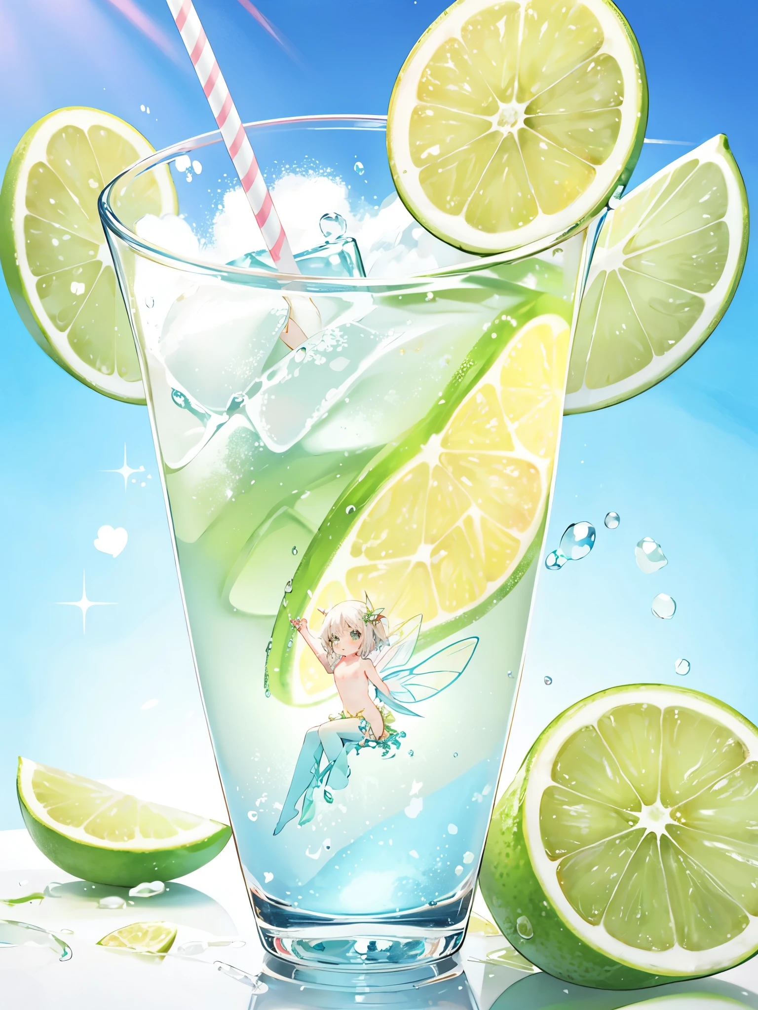 a cute little naked flat-chested fairy floating inside a fizzy glass of lemon-lime soda