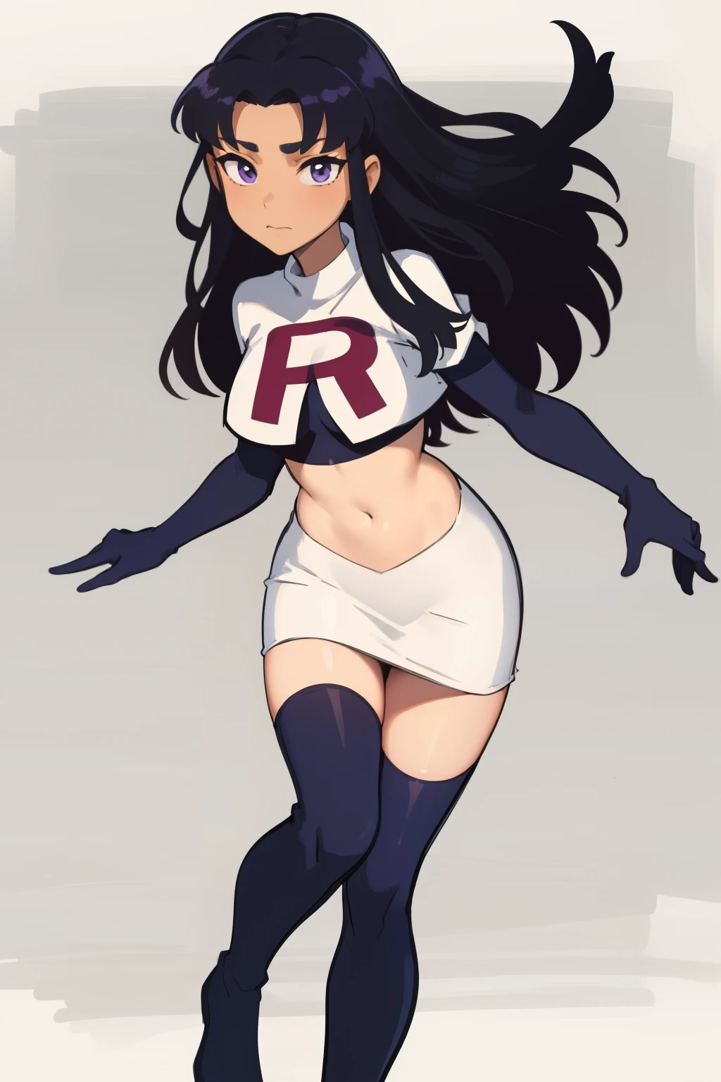(masterpiece, best quality:1.2), blackfire, 1girl, solo, breasts, dark skin, team rocket,team rocket uniform,white skirt,red letter R,crop top,black thigh-highs,black elbow gloves
