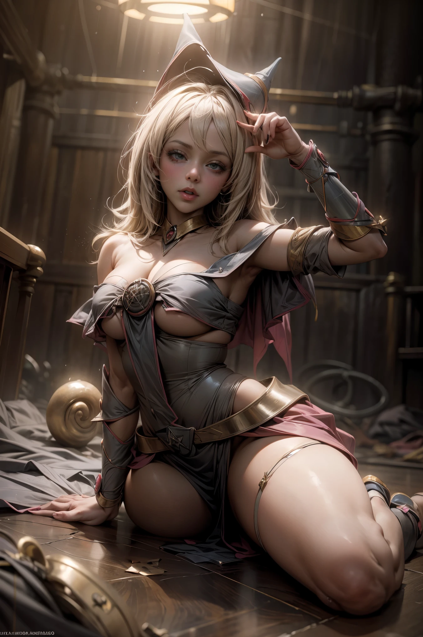 (Obra maestra:1.2), (La mejor calidad:1.2), Perfect lighting, Chica Maga Oscura lanzando un hechizo, flotando en el aire, tetas grandes, escote, fondo de magia. Corazones transparente en el ambiente, Pose sujestiva y sensual. Hot. Fondo de magia