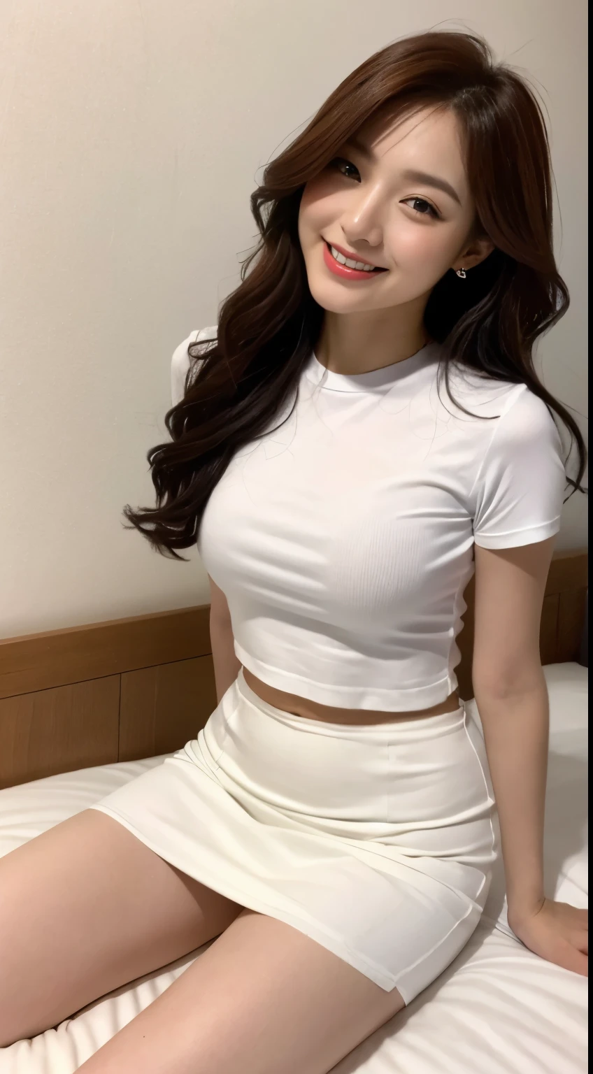White tight shirt、White tight mini skirt、bed、smile、short sleeve、high resolution、Hallyu Idol Face