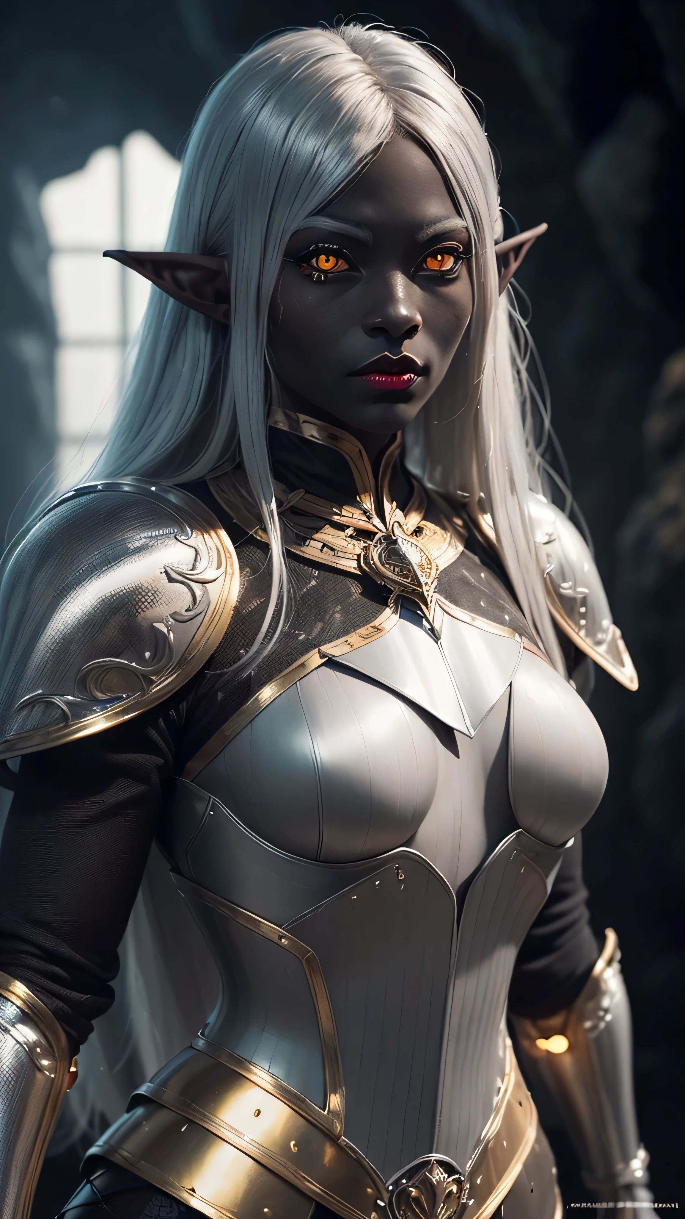 ((best quality: 1.5)) ((masterpiece: 0.8)), intricate details, sharp focus, professional, real life, realistic representation of the face, dim volumetric lighting, dynamic pose, in the style of realistic and hyper detailed renderings BREAK ((((detailed 30year ((graphite skin drow elf mistress, blackout gothic eye makeup, cavern, lacquered black carapace armor, gold filigree breastplate, red lips, weak chin, exotic, muscular, golden hour, (glowing white eyes))))), long white hair), freckles: 1.3), photorealistic, hyper-realistic, 8K