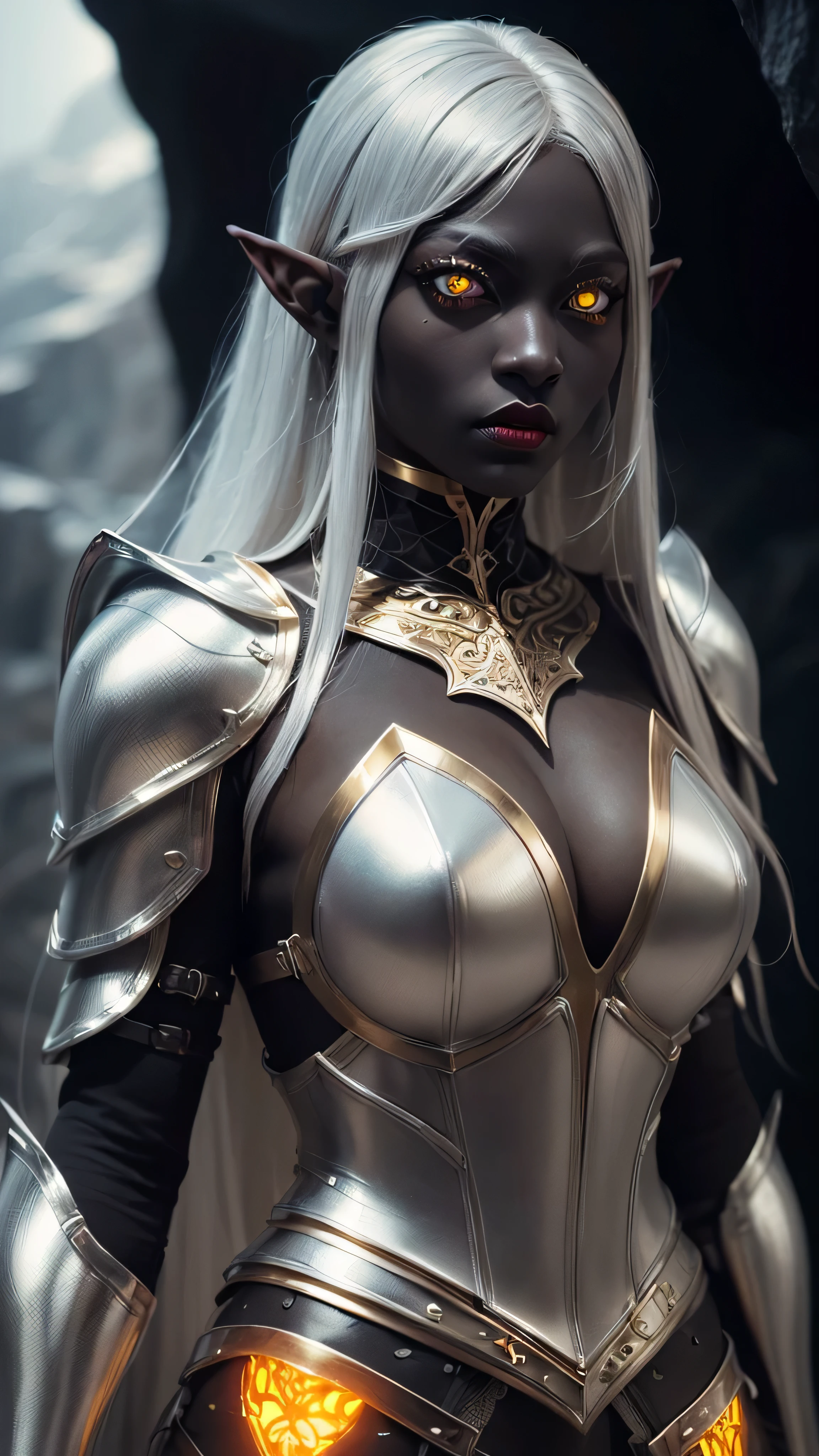 ((best quality: 1.5)) ((masterpiece: 0.8)), intricate details, sharp focus, professional, real life, realistic representation of the face, dim volumetric lighting, dynamic pose, in the style of realistic and hyper detailed renderings BREAK ((((detailed 30year ((graphite skin drow elf mistress, blackout gothic eye makeup, cavern, lacquered black carapace armor, gold filigree breastplate, red lips, weak chin, exotic, muscular, golden hour, (glowing white eyes))))), long white hair), freckles: 1.3), photorealistic, hyper-realistic, 8K