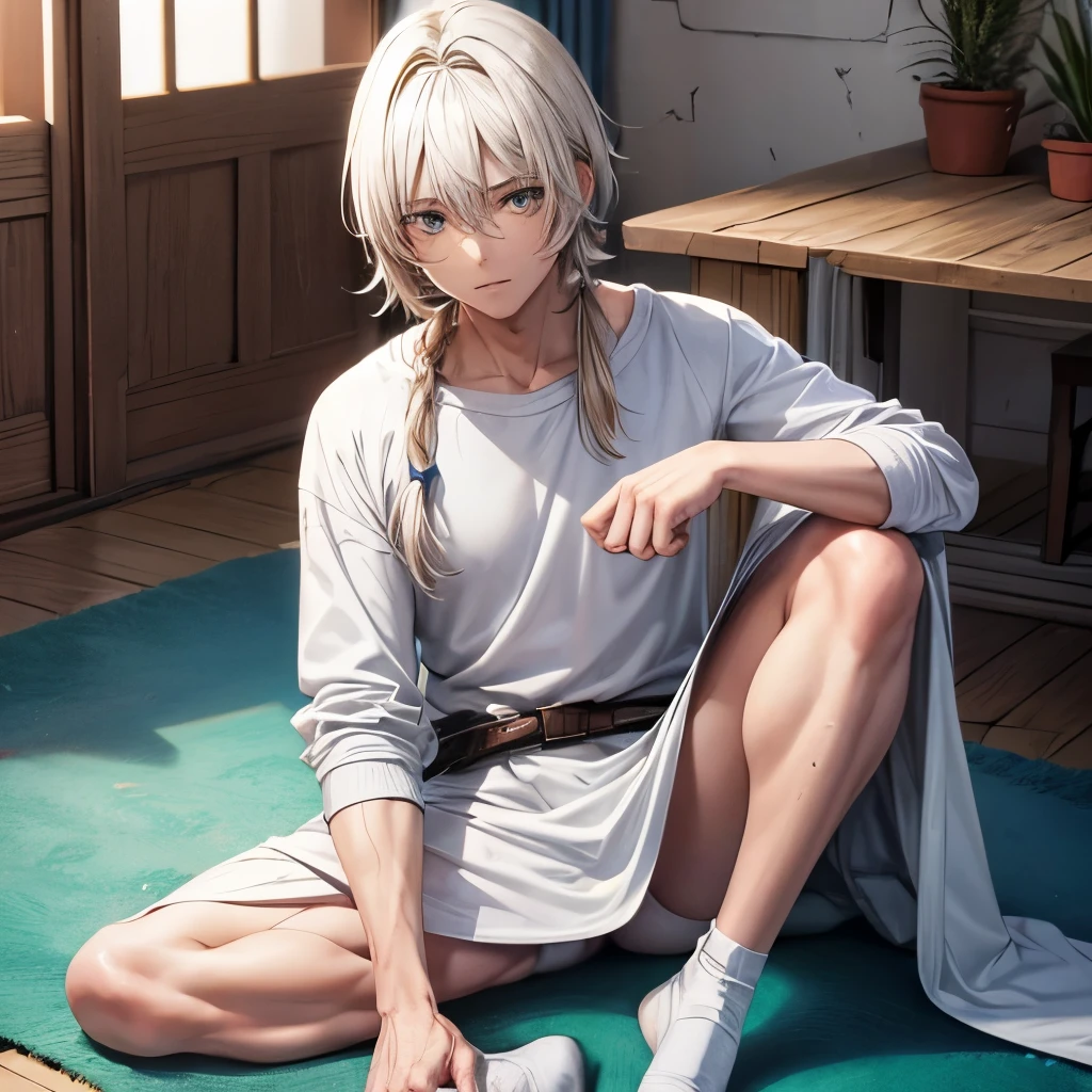 Homem com cabelo branco curto, belos olhos, mangas curtas esfarrapadas, Fundo do campo de refugiados, sitting on the floor