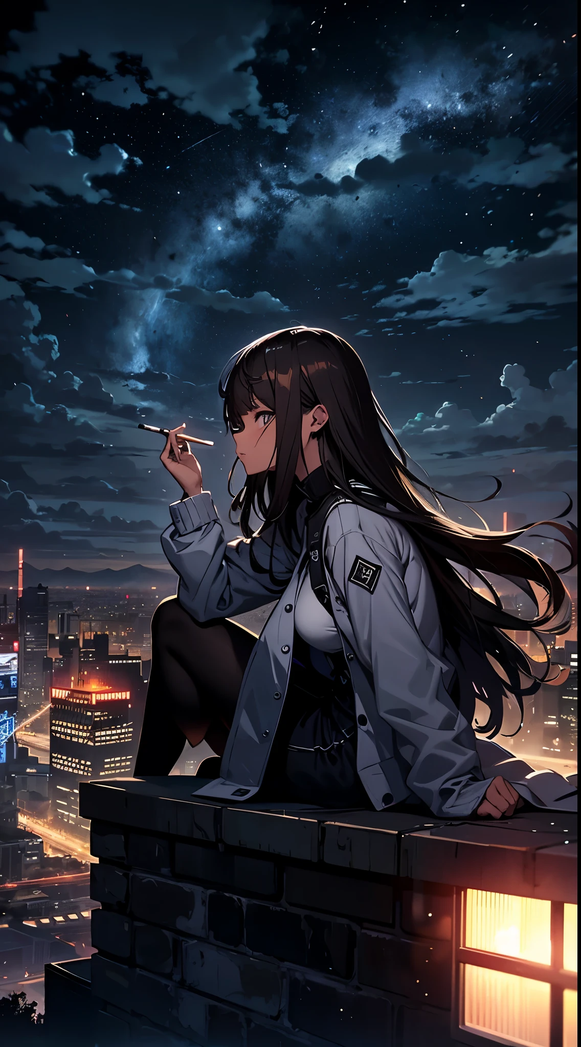 A girl sitting on top of a building at night, with a view of the city in the background. The girl is holding a cigarette, artistic illustration in shades of dark blue, The night sky above is dark and cloudy, sitting on the edge of a tall building, looking out over the city below, The girl is dressed in black and has long, dark hair