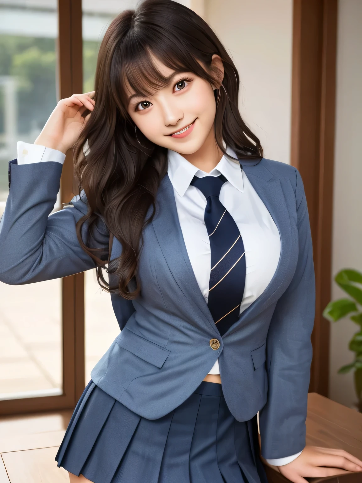 8K, highest quality, real image, intricate details, Super detailed, ultra high resolution, depth field,(realistic,realistic:1.2), (black eye), From the middle, 1 Girl Japan, very beautiful 17 year old girl, Big eyes, beautiful breasts:1.5、highly detailed eyes:1.2), (beautiful breasts:1.1), (small breasts:1.2), wavy hair、curly hair、bangs, perfect skin, Fair skin, huge hips, thick thighs, thick legs, cleavage, tight waist, light blush, alone, looking at the viewer, (smile:1.4), ((School_uniform), (dark blue blazer), (white shirt、Wearing a tie), (gray pleated skirt), (sculpture installation :1.1)