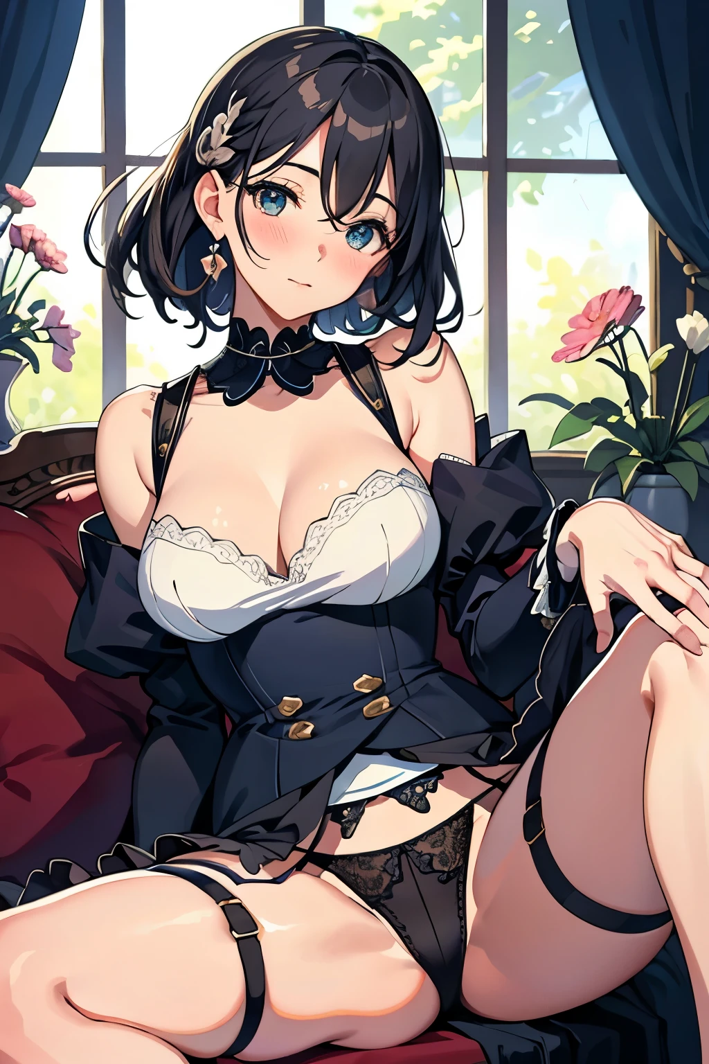 garter belt、beautiful mature woman、face forward、sit with legs spread、spread legs、Upper body、Adorable features、cute、beautiful eyes、shy、blush