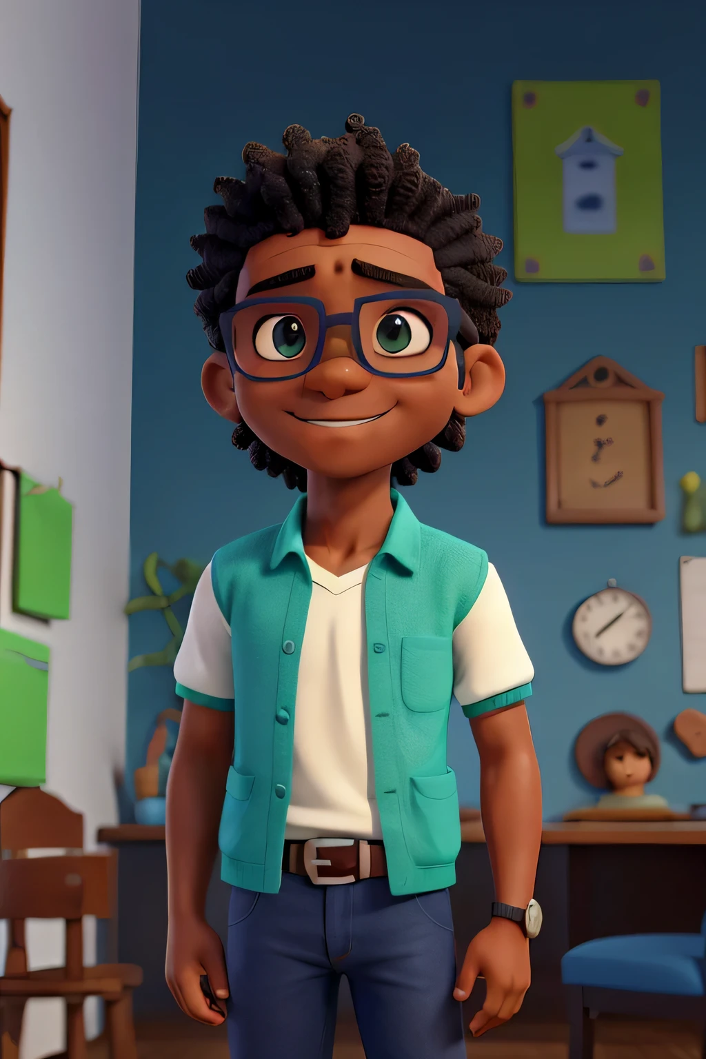 Professor Hélio Gopfert Jr . Desenhos animados em camisa polo azul royal com gola e mangas de cor verde bandeira, escrito na altura do peito ZeroHum em branco. navy blue jeans, crossed arms, olhando para frente e sorrindo com os dentes levemente aparecendo aparecendo; Olhos grandes preto, cabelos grisalhos, wearing glasses with mulatto hair in the background, uma sala de aula com alunos sentados em carteiras de cor azul, background clock and plaque on the wall with the words Colégio ZeroHum in blue and green on a white background. Cabelos brancos com mechas em preto, olhos de cor preta