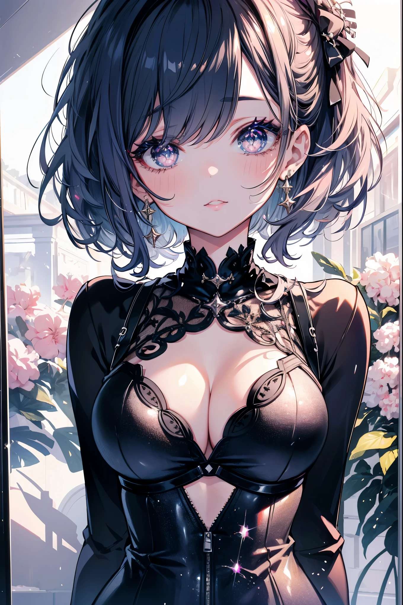 highest quality, masterpiece, long eyelashes, Sparkling輝く目, punk girl, Sparkling, big breasts, show off your breasts, You can see the cleavage of your,
