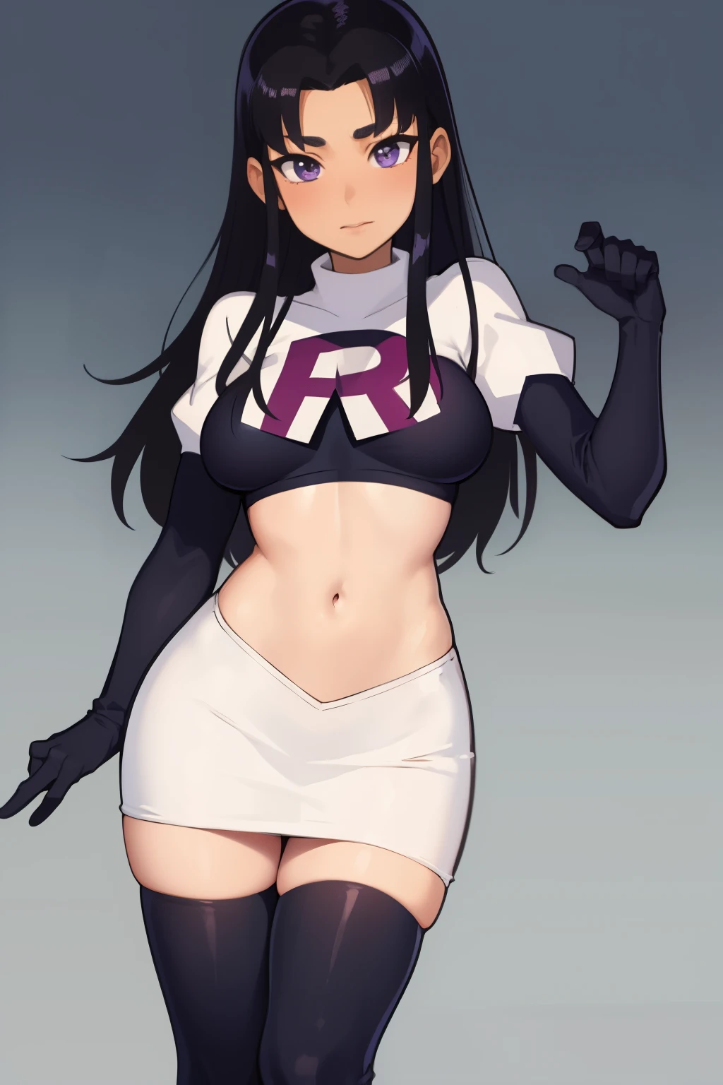 (masterpiece, best quality:1.2), blackfire, 1girl, solo, breasts, dark skin, team rocket,team rocket uniform,white skirt,red letter R,crop top,black thigh-highs,black elbow gloves