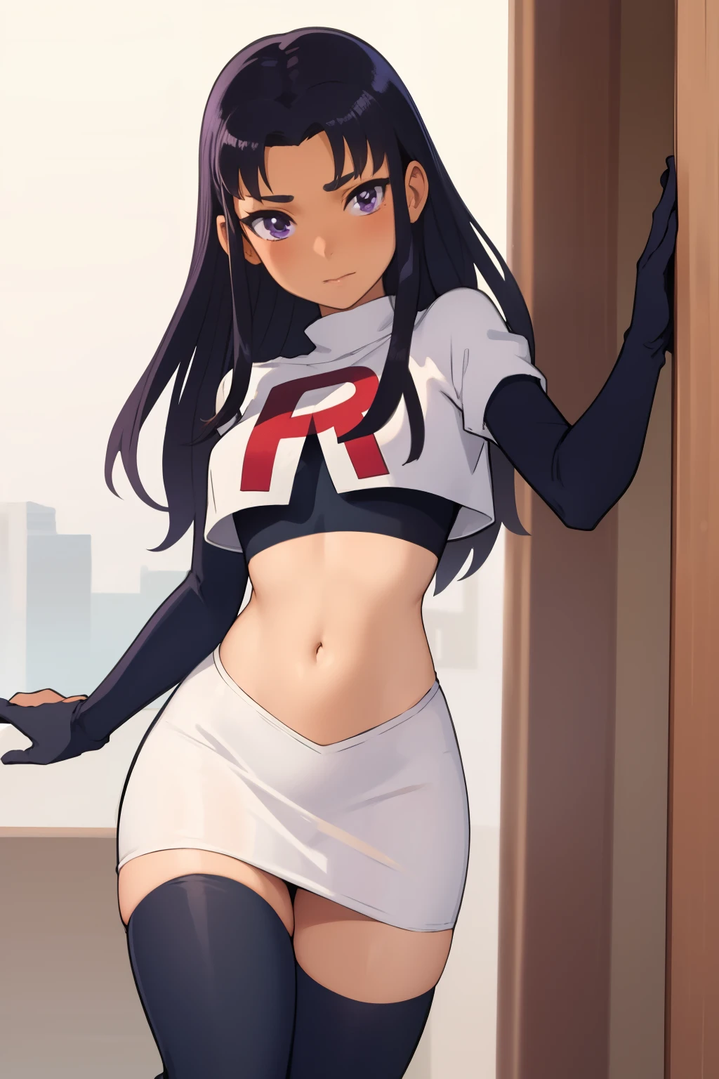 (masterpiece, best quality:1.2), blackfire, 1girl, solo, breasts, dark skin, team rocket,team rocket uniform,white skirt,red letter R,crop top,black thigh-highs,black elbow gloves