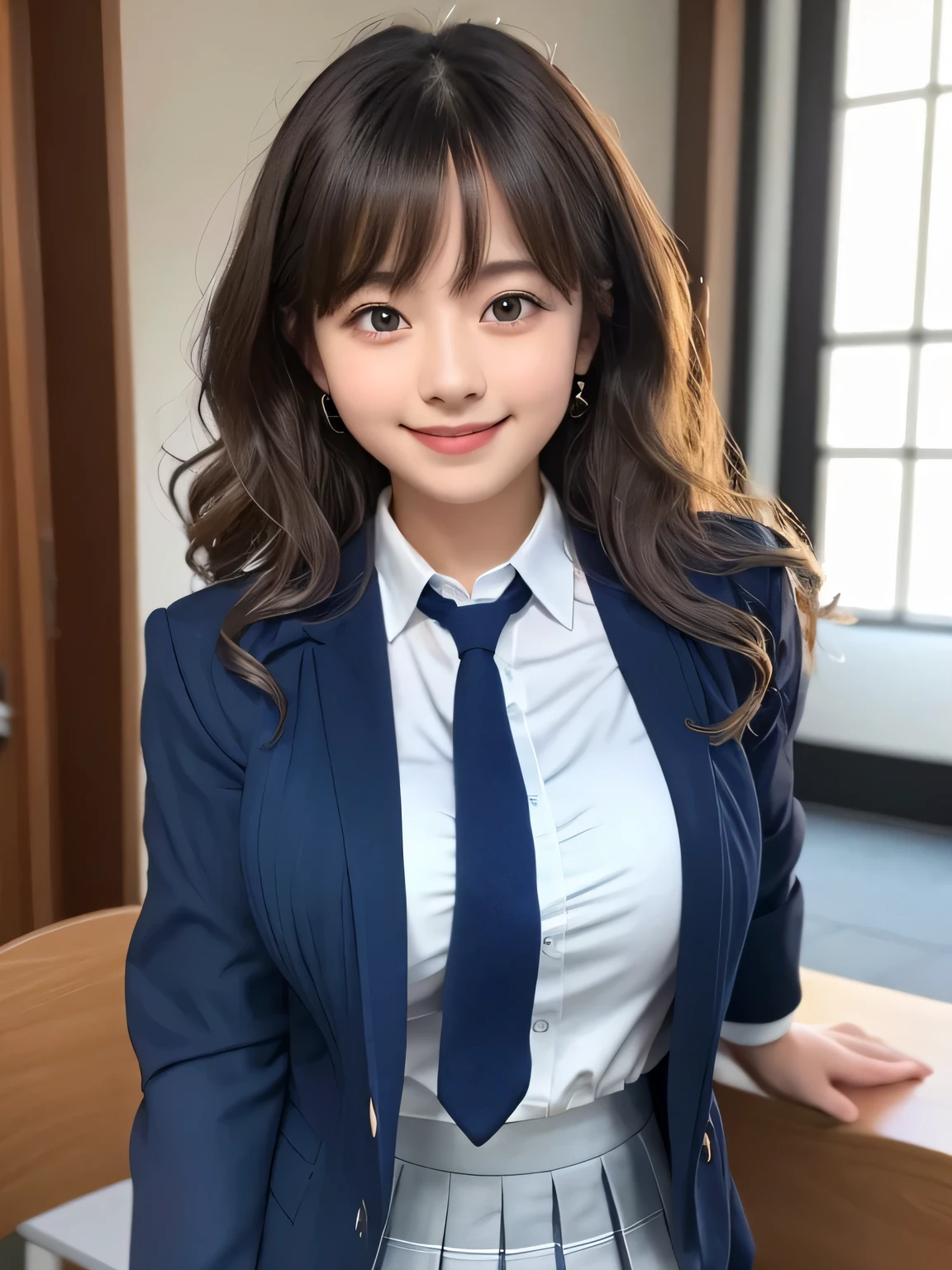 8K, highest quality, real image, intricate details, Super detailed, ultra high resolution, depth field,(realistic,realistic:1.2), (black eye), From the middle, 1 Girl Japan, very beautiful 17 year old girl, Big eyes, beautiful breasts:1.5、highly detailed eyes:1.2), (beautiful breasts:1.1), (small breasts:1.2), wavy hair、curly hair、bangs, perfect skin, Fair skin, huge hips, thick thighs, thick legs, cleavage, tight waist, light blush, alone, looking at the viewer, (smile:1.4), ((School_uniform), (dark blue blazer), (white shirt、Wearing a tie), (gray pleated skirt), (sculpture installation :1.1)
