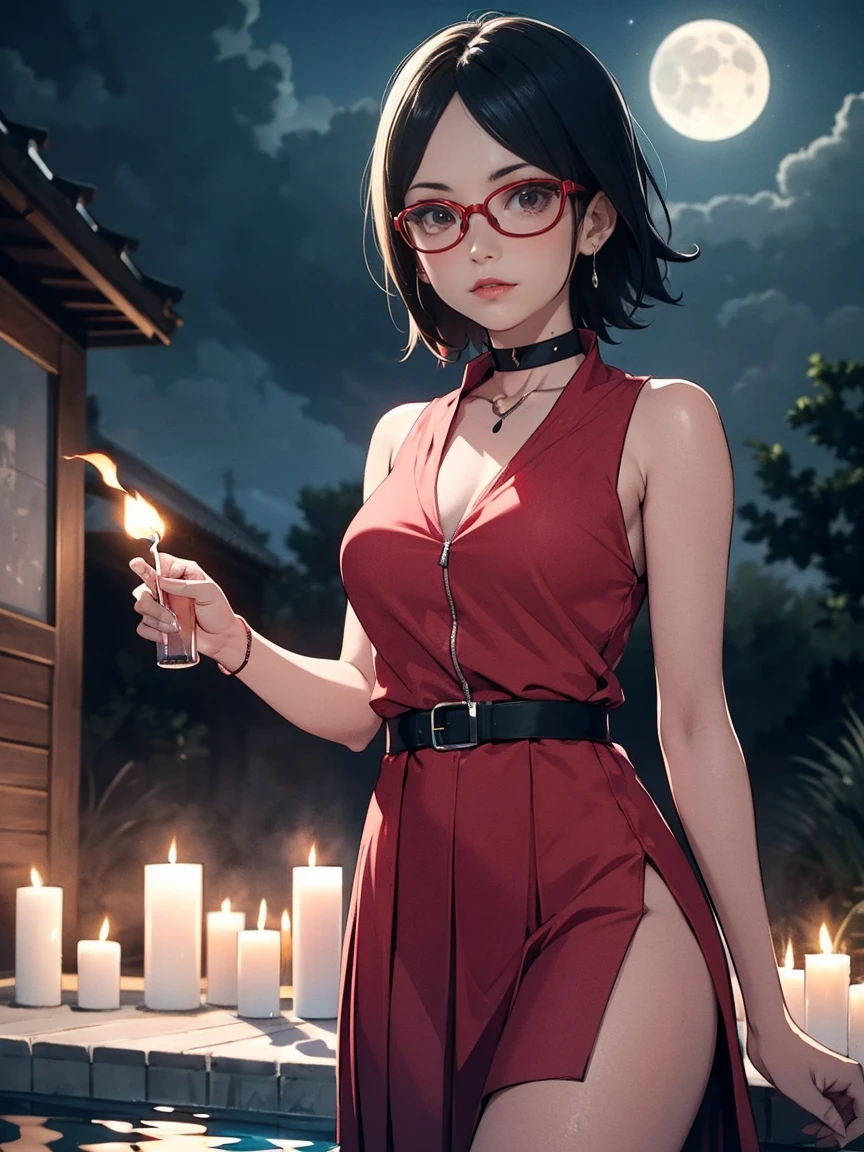 Sarada Uchiha short hair and prescription glasses. She is at the edge of a pool being lit by the moon and candles. She is wearing a Dark Red Sleeveless Pleated Dress, black belt and and jewelry, Casual Loose Dress With Choker. Lighting the scene dramatically. Detailed image. Artistic dedication. Creative mix. work of art. Red lipstick