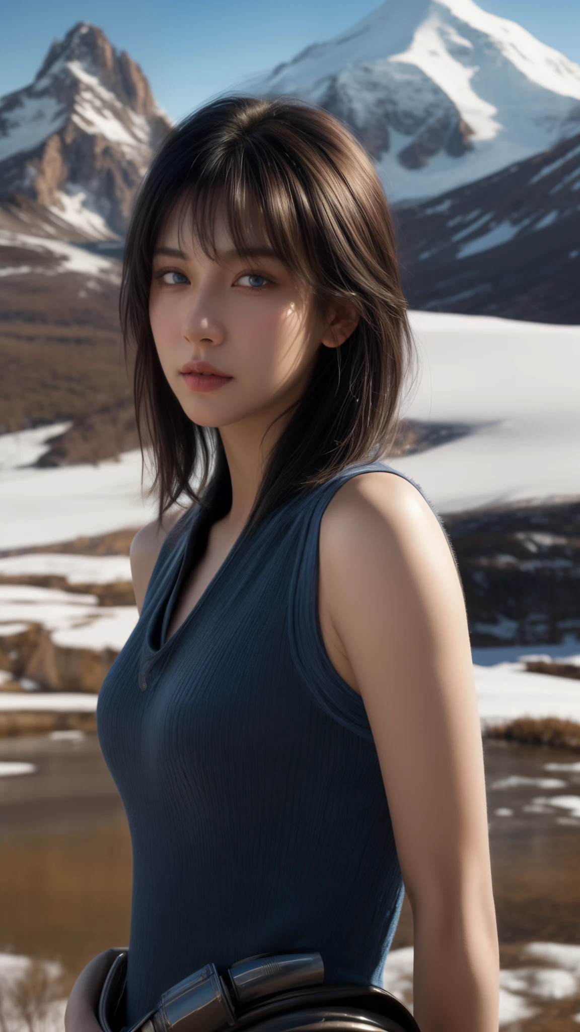 (photo_\\(medium\\):1.2), by Antonio J. Manzanedo, by Jeremy Lipking, 1girl, looking at the camera, (facing the viewer:1.1), (photorealistic:1.2), hyperrealistic, photorealism, black short hair with bangs, blue eyes, friendly, eyelashes, steampunk, sleeveless, subsurface skin scattering, snowy mountain background, symmetry, depth of field, 8k, vfx, hdr, rtx upper image, distance two meters from the shot, extremely details image, front look