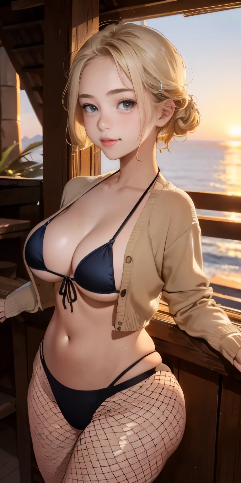 I'm wearing a light khaki cardigan、(highest quality))、((masterpiece)、real skin glow、((((13 year old girl))))、Close-up view of blonde cropped punk hair loser on tropical coast looking up from basement)、(Opaque Bikini)、wear white fishnet tights。sexy pose、My breasts have grown、sunset、slight smile、((1 Shiny skin.7))