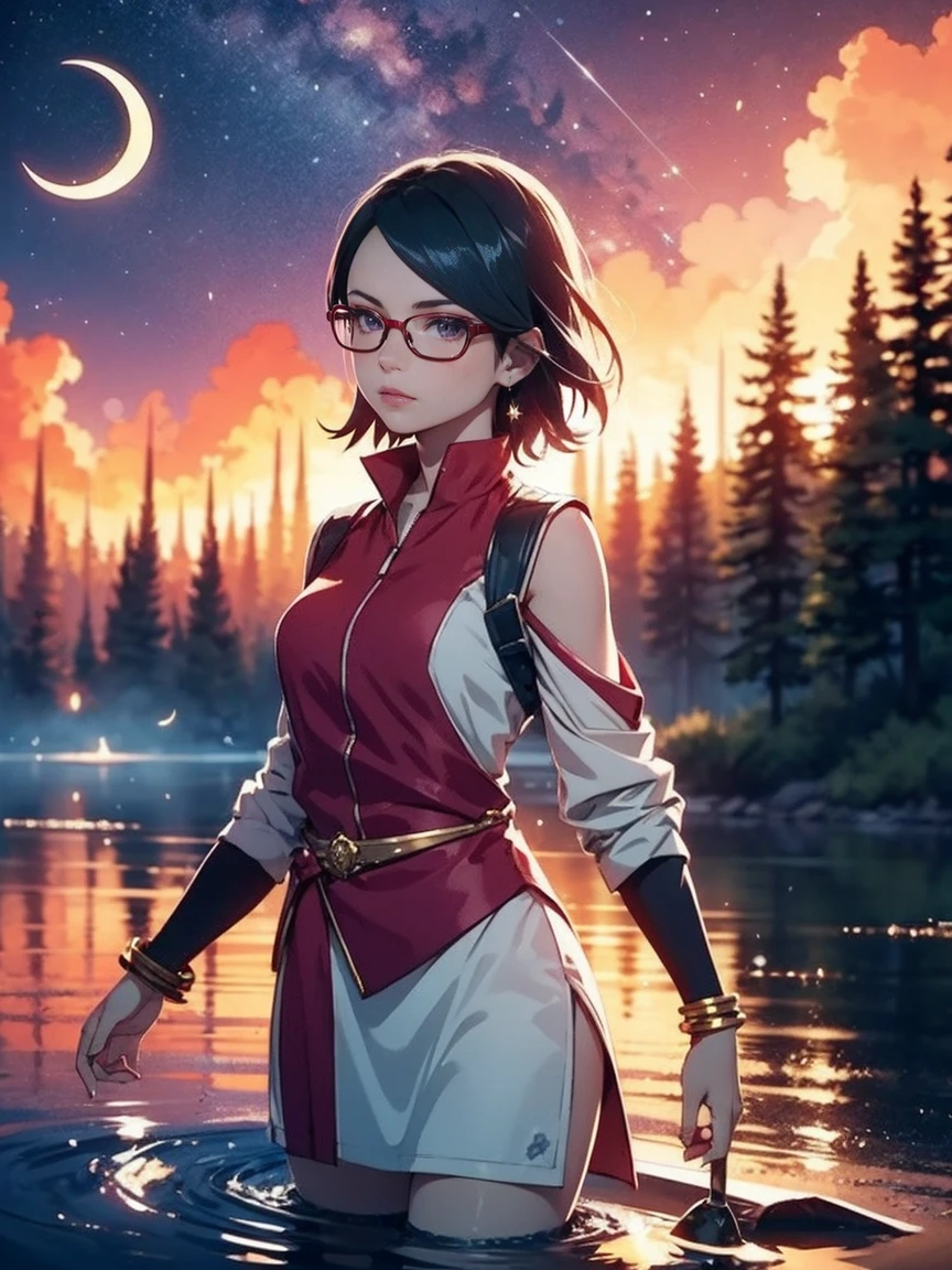 Illustration of Sarada Uchiha is dressed like a Roman empress in a white tunic with purple details, gladiator vests and wearing gold jewelry, glasses. Short hair. delicate eyes. With the dramatic lighting. Detailed image. Artistic dedication. She is Parading over the water of a lake in a burning forest with a starry sky and a crescent moon. reflection. purple flames. red lipstick. Gold jewelry. high definition. fireflies.