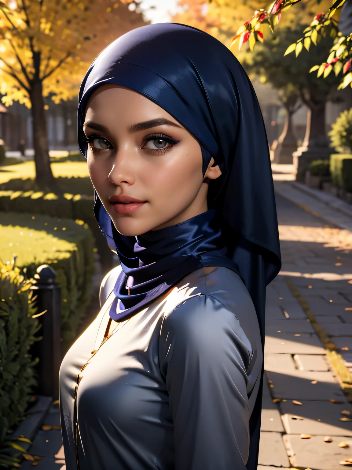 3dmm style, Masterpiece, realistic, best quality, best lighting, beautiful mature Czech woman, 1 girl photo solo, beautifully makeup, eyeshadow, Parted Lips, Detailed Eyes, Big eyes, brown eyes, long eye lashes, dimples on the cheeks, smile, wearing ((Dark blue satin hijab)), loosely tide hijab style, ((gray satin high cut neck shirt and satin long skirt)), (Half-body portrait), Front view, Symmetric Centre, facing the viewer, walking on trails autumn garden.