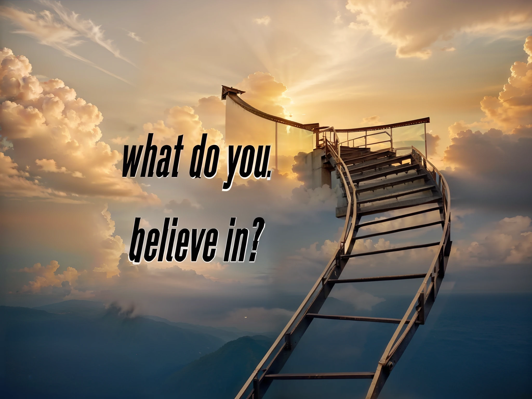 a photo taken from a video of a staircase leading to heaven with the words you believe in?, you won't believe it, but what do you mean, The Ultimate Question of Life, A resposta para a vida, I can't believe it's real, imagem muito coerente, Inspirador, imagem vazada, inspirado em John Maxwell, who is looking up at it in fear