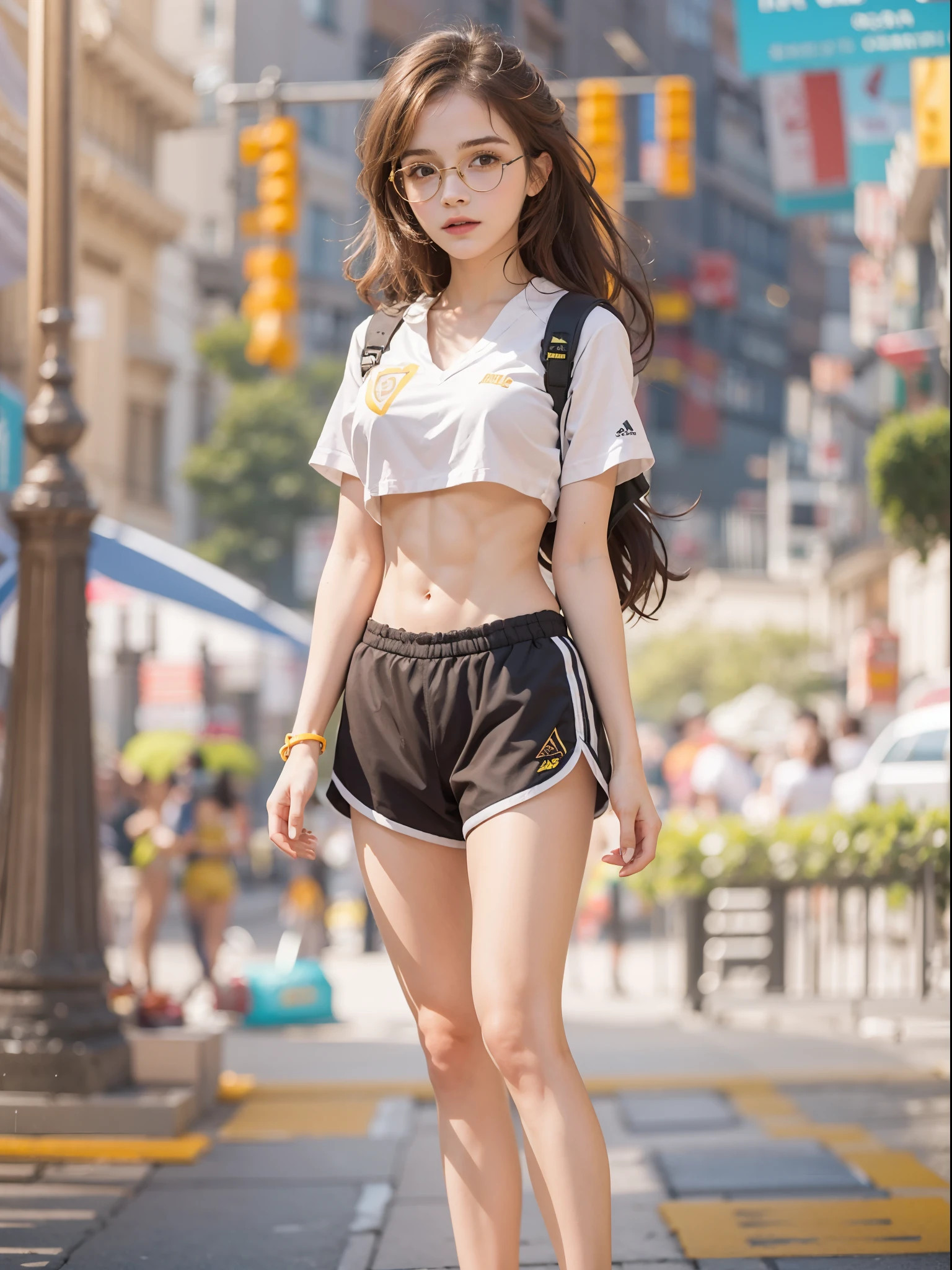 masterpiece, best quality, realistic, colorful, delicate, sharp focus, (PureErosFace_V1:0.5), (detailed beautiful delicate face, high detailed skin, skiny and thin:1.3), 1girl, 19 years old, tall, (smooth_abs:1.55), (abs:0.5), pretty, masterpiece, (long_skinny_legs), (straight_legs), (skinny_waist), (((fair skin))), white skin, bandeau, (school_uniform:swim_suits:0.5), yellow/pink shorts, chestnut brown hair, looking at viewer, yellow/orange sports shoes, glasses, (Emma_watson), big_breast, fighter