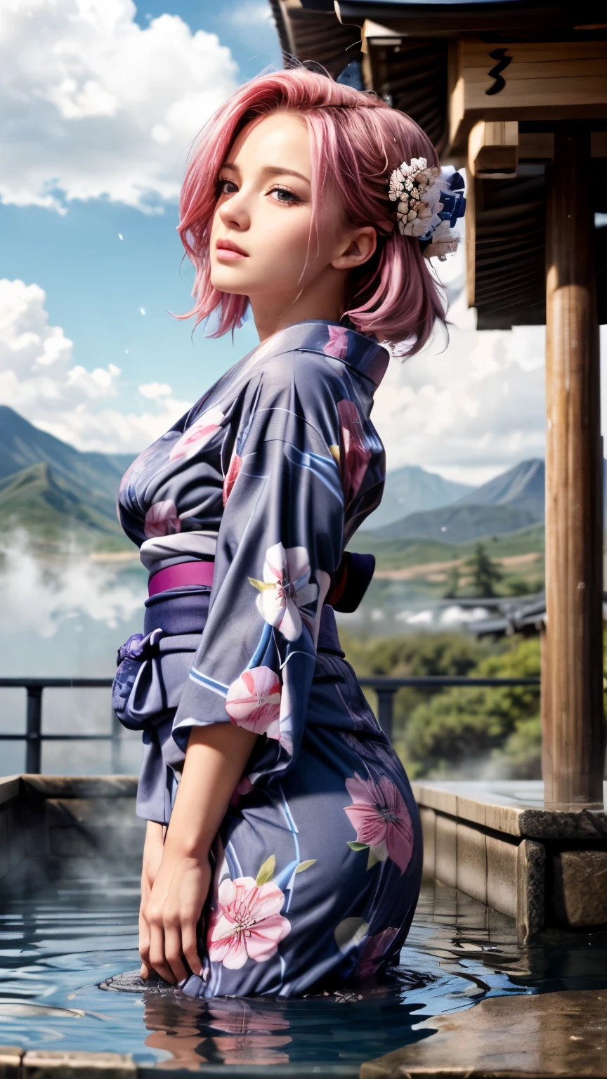 (best quality,4k,highres,masterpiece:1.2),ultra-detailed,realistic,photorealistic:1.3, close up, (low angle:1.2), (girl:1.4), (young girls, sakura haruno, beautiful detailed blue grey eyes,beautiful detailed lips, pink hair, beautiful face with soft skinice, slim body, athlete posture, (in yukata:1.4), exposed shoulders, good hand, perfect hand, g-cup breast), dynamic pose, (soaking in the natural hot spring:1.4), clear water with reflection, (snow:1.2), (wonderful background, clouds, skyscape), (half body:1.2), cool colors, volumetric lighting, dreamy vibe, daylight, photon mapping,  foggy atmosphere,