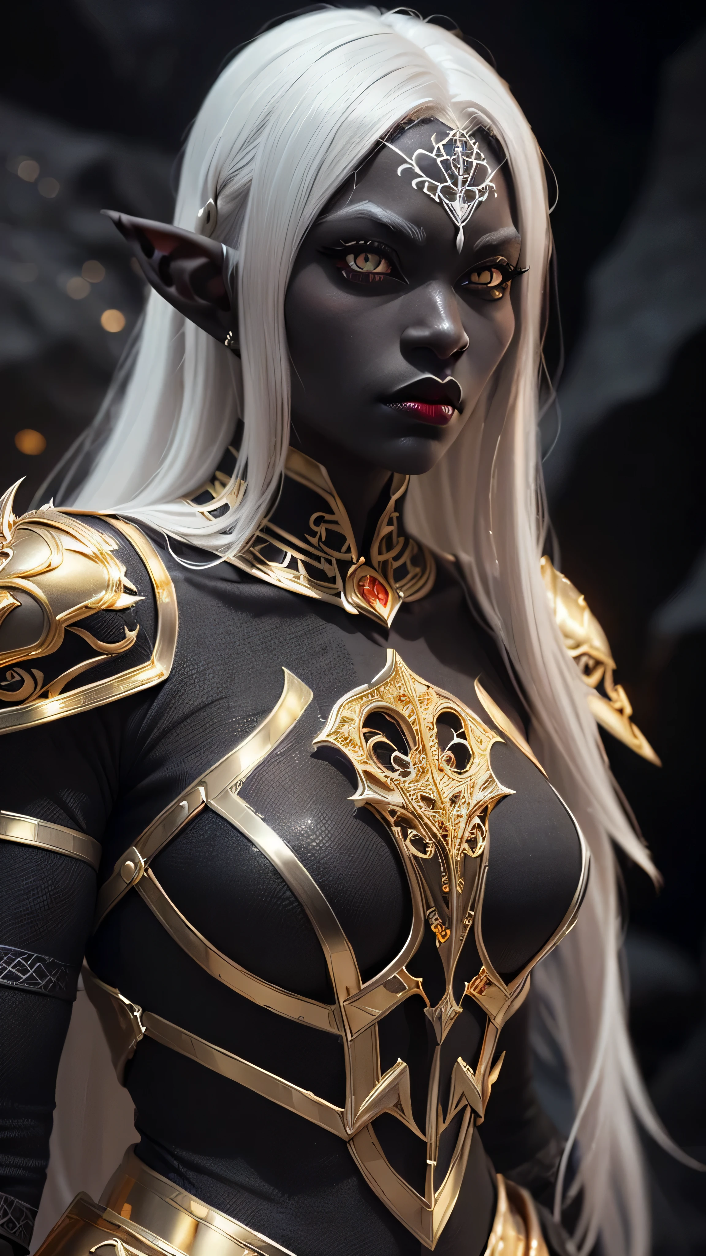 ((best quality: 1.5)) ((masterpiece: 0.8)), intricate details, sharp focus, professional, real life, realistic representation of the face, dim volumetric lighting, dynamic pose, in the style of realistic and hyper detailed renderings BREAK ((((detailed 30year ((graphite skin drow elf mistress, blackout gothic eye makeup, cavern, lacquered black carapace armor, gold filigree breastplate, red lips, weak chin, exotic, muscular, golden hour, (glowing white eyes))))), long white hair), freckles: 1.3), photorealistic, hyper-realistic, 8K