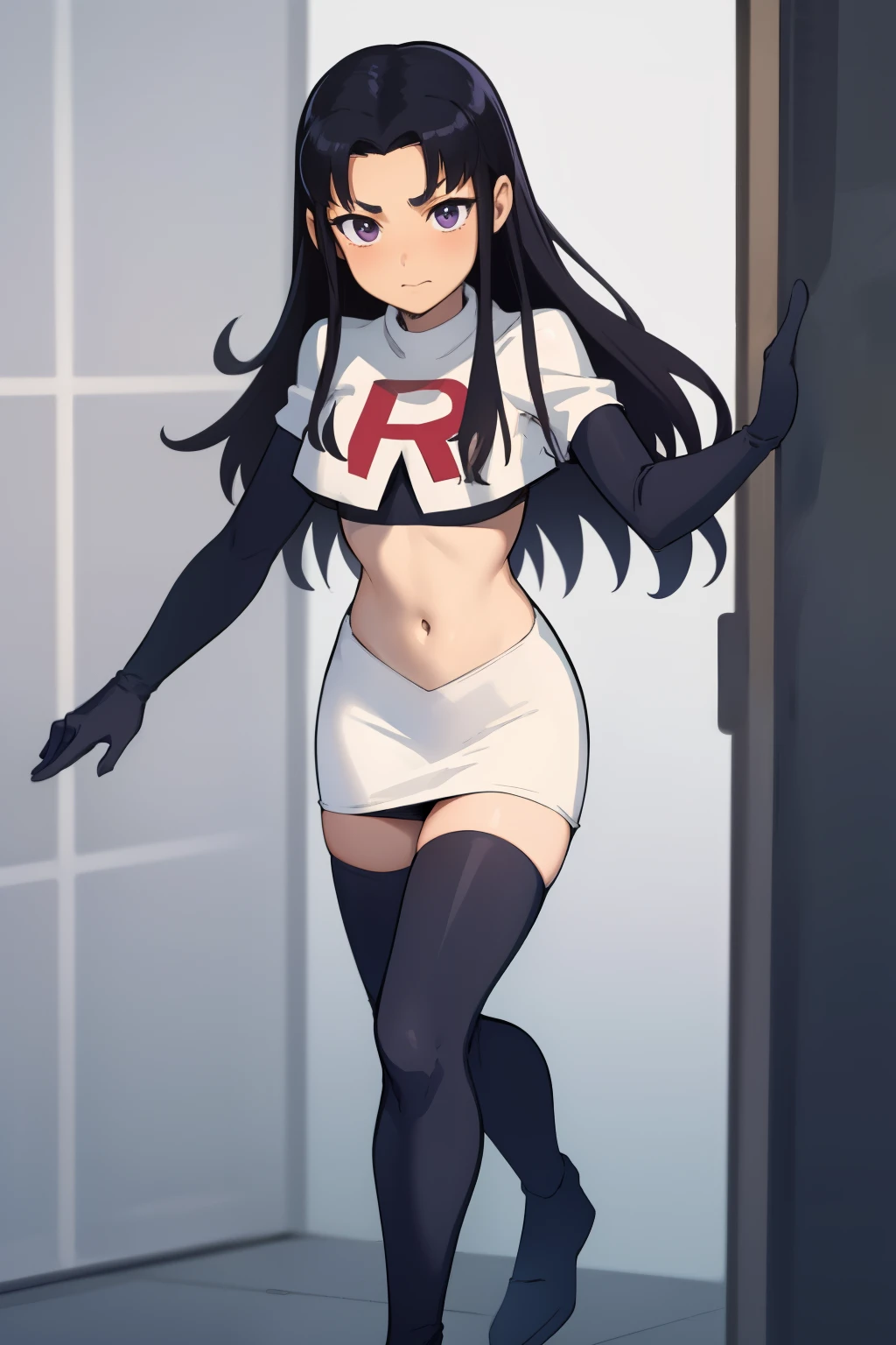 (masterpiece, best quality:1.2), blackfire, 1girl, solo, breasts, dark skin, team rocket,team rocket uniform,white skirt,red letter R,crop top,black thigh-highs,black elbow gloves