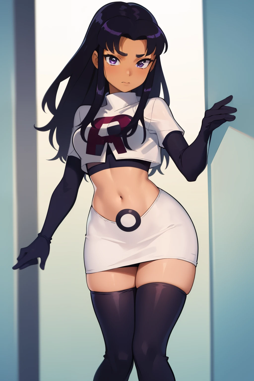 (masterpiece, best quality:1.2), blackfire, 1girl, solo, breasts, dark skin, team rocket,team rocket uniform,white skirt,red letter R,crop top,black thigh-highs,black elbow gloves