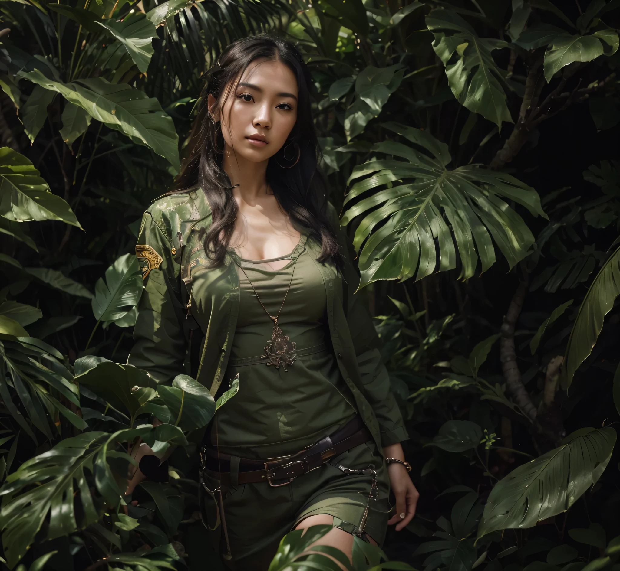 mujer hermosa, asian features, sensual expression, piel blanca, pelo negro, delgado, moist skin, Viste un uniforme militar de estilo chino de color gris verdoso., lleva un collar militar, esta en una jungla, ultra detallado, hyper Realista, 4k, ultra detallado image , Realista, Muy detallado, perfect composition, gorgeous, Intrincadamente detallado, incredibly detailed, 8 k artistic photography, hiper detallado, obra maestra, ultra detallado, hyper Realista, 4k, ultra detallado image, Realista, muy detallado, perfect composition, gorgeous, Intrincadamente detallado, incredibly detailed, 8 k artistic photography, hiper detallado, obra maestra