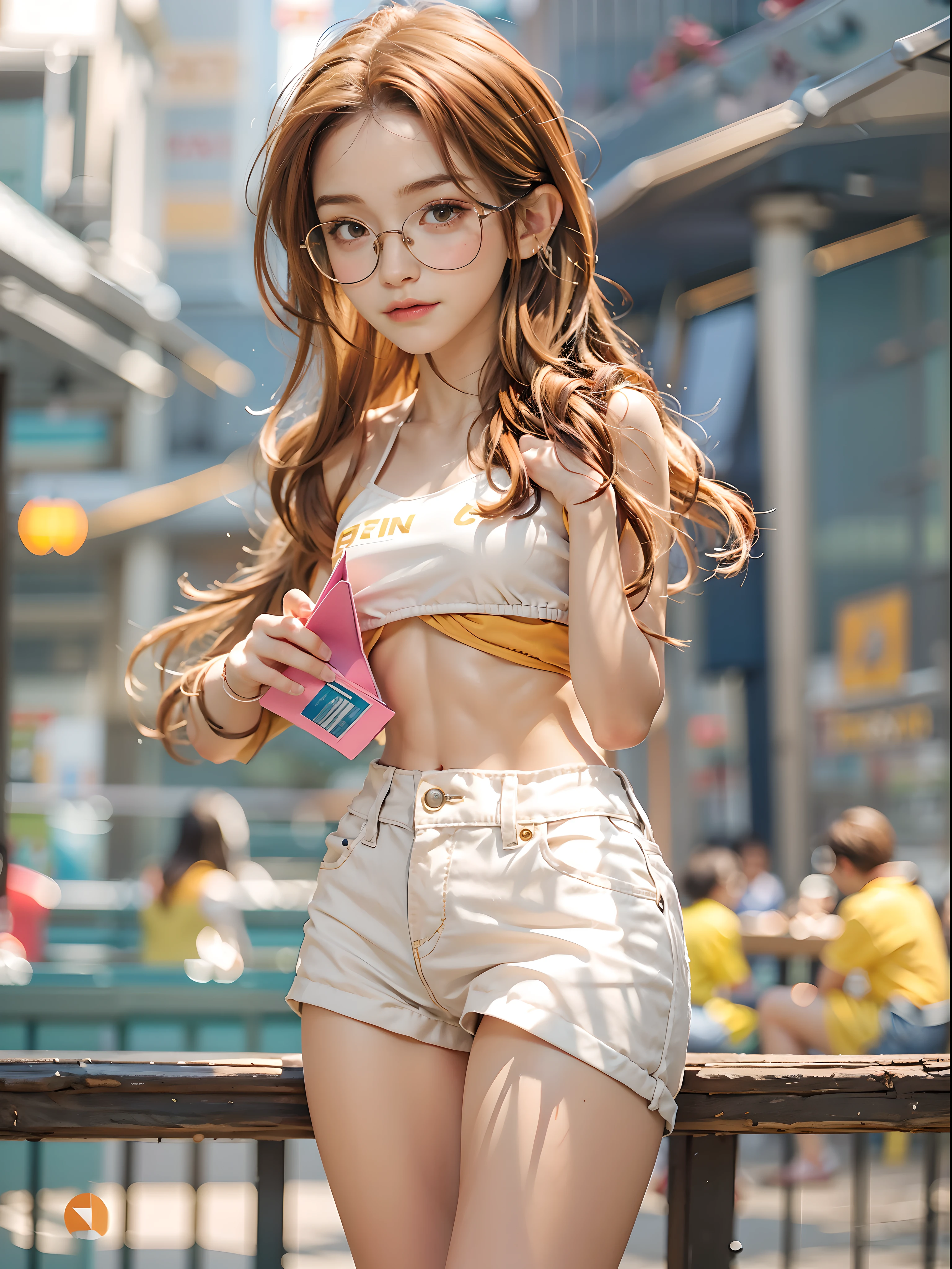 masterpiece, best quality, realistic, colorful, delicate, sharp focus, (PureErosFace_V1:0.5), (detailed beautiful delicate face, high detailed skin, skiny and thin:1.3), 1girl, 19 years old, tall, (smooth_abs:1.55), (abs:0.5), pretty, masterpiece, (long_skinny_legs), (straight_legs), (skinny_waist), (((fair skin))), white skin, bandeau, (school_uniform:swim_suits:0.5), yellow/pink shorts, chestnut brown hair, looking at viewer, yellow/orange sports shoes, glasses, (Emma_watson), big_breast, fighter