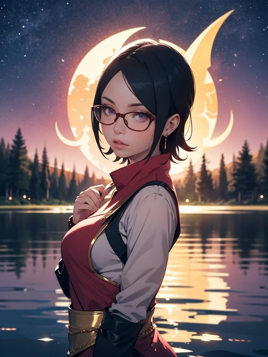 Illustration of Sarada Uchiha is dressed like a Roman empress in a white tunic with purple details, gladiator vests and wearing gold jewelry, glasses. Short hair. delicate eyes. With the dramatic lighting. Detailed image. Artistic dedication. She is Parading over the water of a lake in a burning forest with a starry sky and a crescent moon. reflection. purple flames. red lipstick. Gold jewelry. high definition. fireflies.