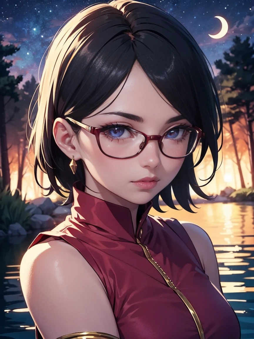 Illustration of Sarada Uchiha is dressed like a Roman empress in a white tunic with purple details, gladiator vests and wearing gold jewelry, glasses. Short hair. delicate eyes. With the dramatic lighting. Detailed image. Artistic dedication. She is Parading over the water of a lake in a burning forest with a starry sky and a crescent moon. reflection. purple flames. red lipstick. Gold jewelry. high definition. fireflies.