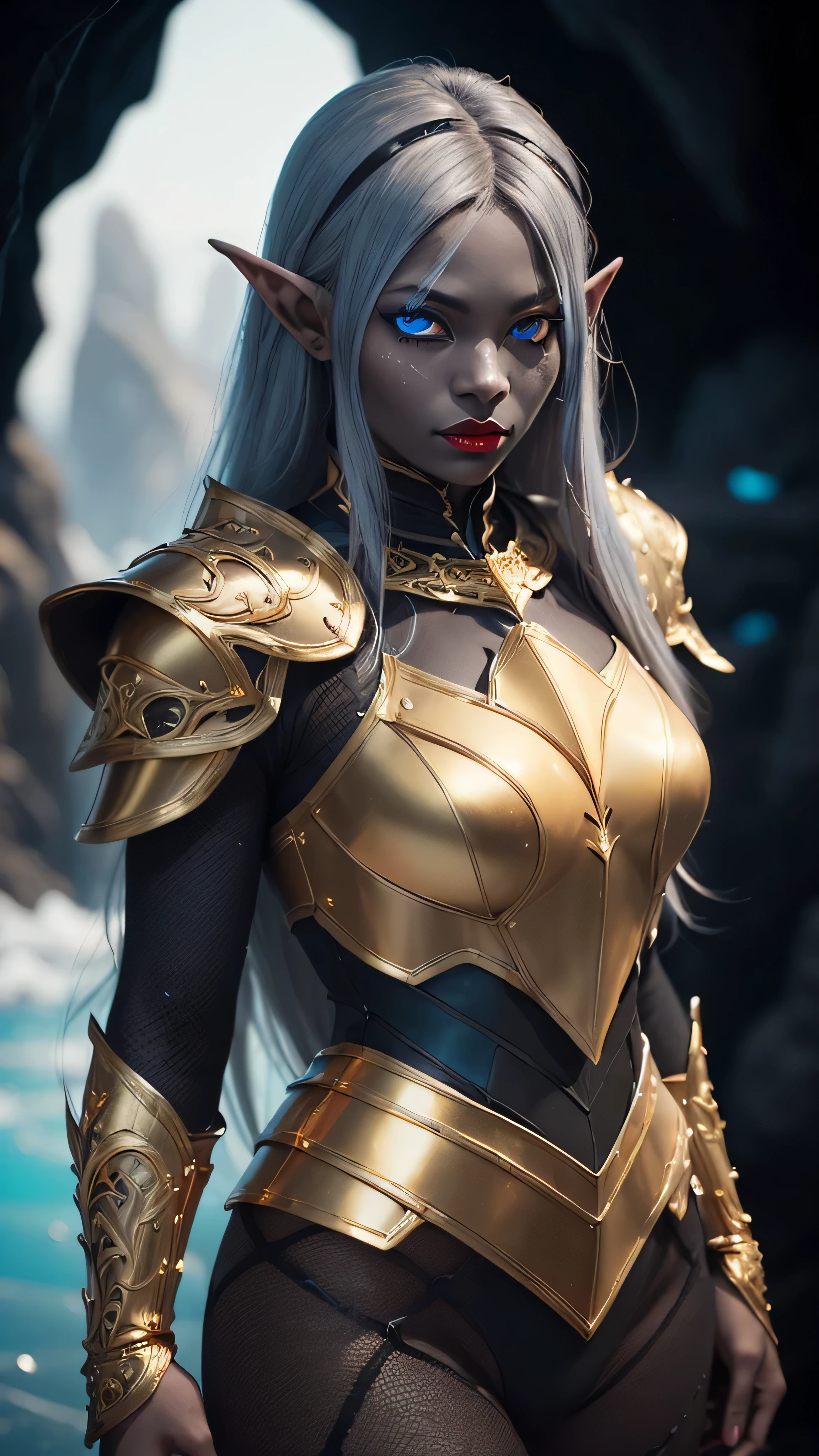 ((best quality: 1.5)) ((masterpiece: 0.8)), intricate details, sharp focus, professional, real life, realistic representation of the face, dim volumetric lighting, dynamic pose, in the style of realistic and hyper detailed renderings BREAK ((((detailed 30year ((graphite skin drow elf mistress, blackout gothic eye makeup, cavern, lacquered black carapace armor, gold filigree breastplate, red lips, weak chin, exotic, muscular, golden hour, (glowing white eyes))))), long white hair), freckles: 1.3), photorealistic, hyper-realistic, 8K