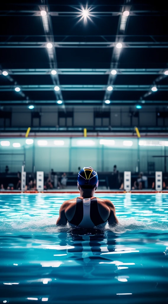 a swimmer preparing competition, nervous, panoramic view, Ultra high saturation, (best quality, masterpiece, Representative work, official art, Professional, 8k)