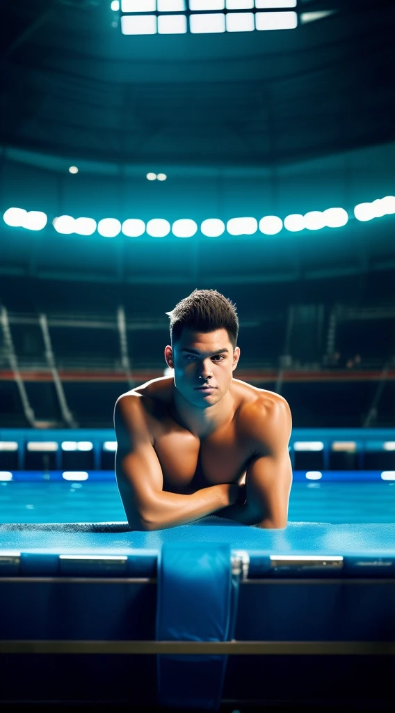 a swimmer preparing competition, nervous, panoramic view, Ultra high saturation, (best quality, masterpiece, Representative work, official art, Professional, 8k)