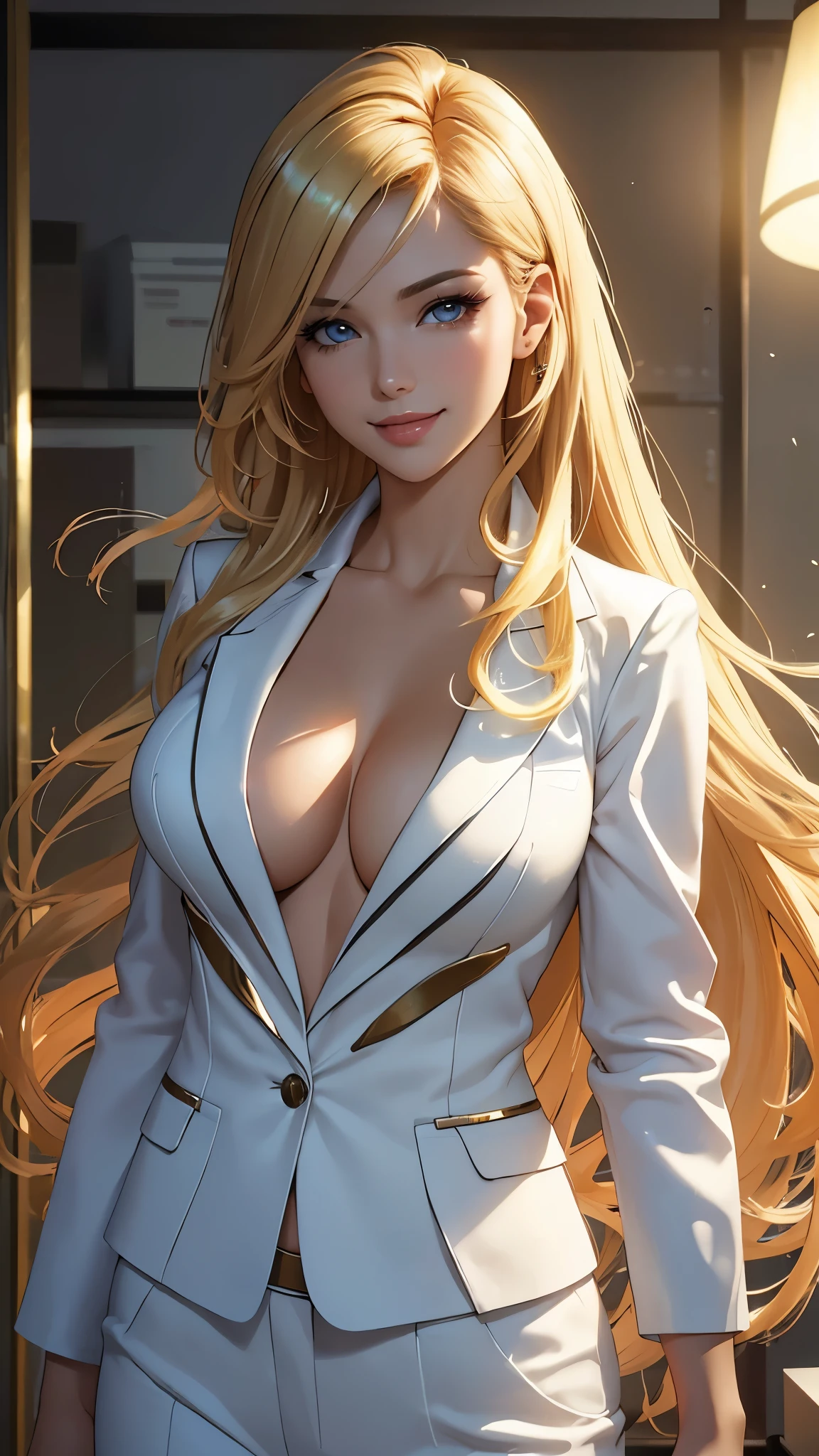 (best quality,ultra-detailed,photo-realistic:1.37),bright and vibrant colors,studio lighting,playful expression,stylish makeup,long blonde hair flowing in the wind,alluring eyes,glossy lips,sexy pose,Business suit, standing in Office, smiling in a confident and seductive way,posing for a professional photoshoot,shallow depth of field,highlighting the main subject,soft natural lighting,creating a dreamy and magical atmosphere. (((Medium Tits)))