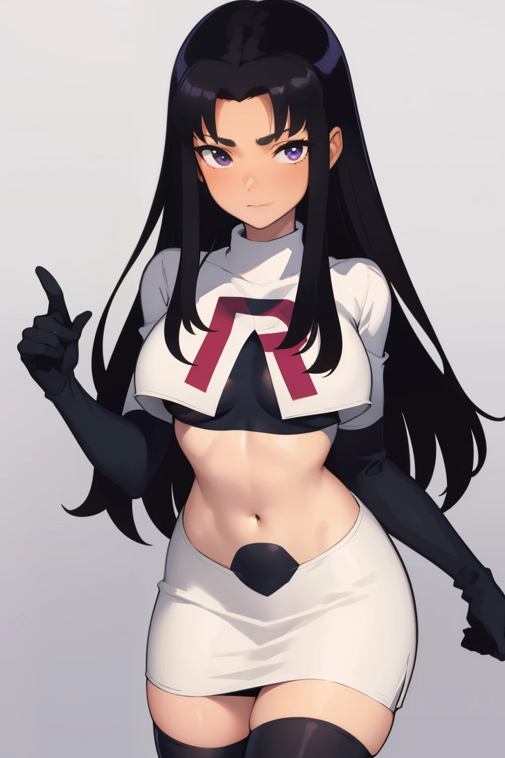 (masterpiece, best quality:1.2), blackfire, 1girl, solo, breasts, dark skin, team rocket,team rocket uniform,white skirt,red letter R,crop top,black thigh-highs,black elbow gloves