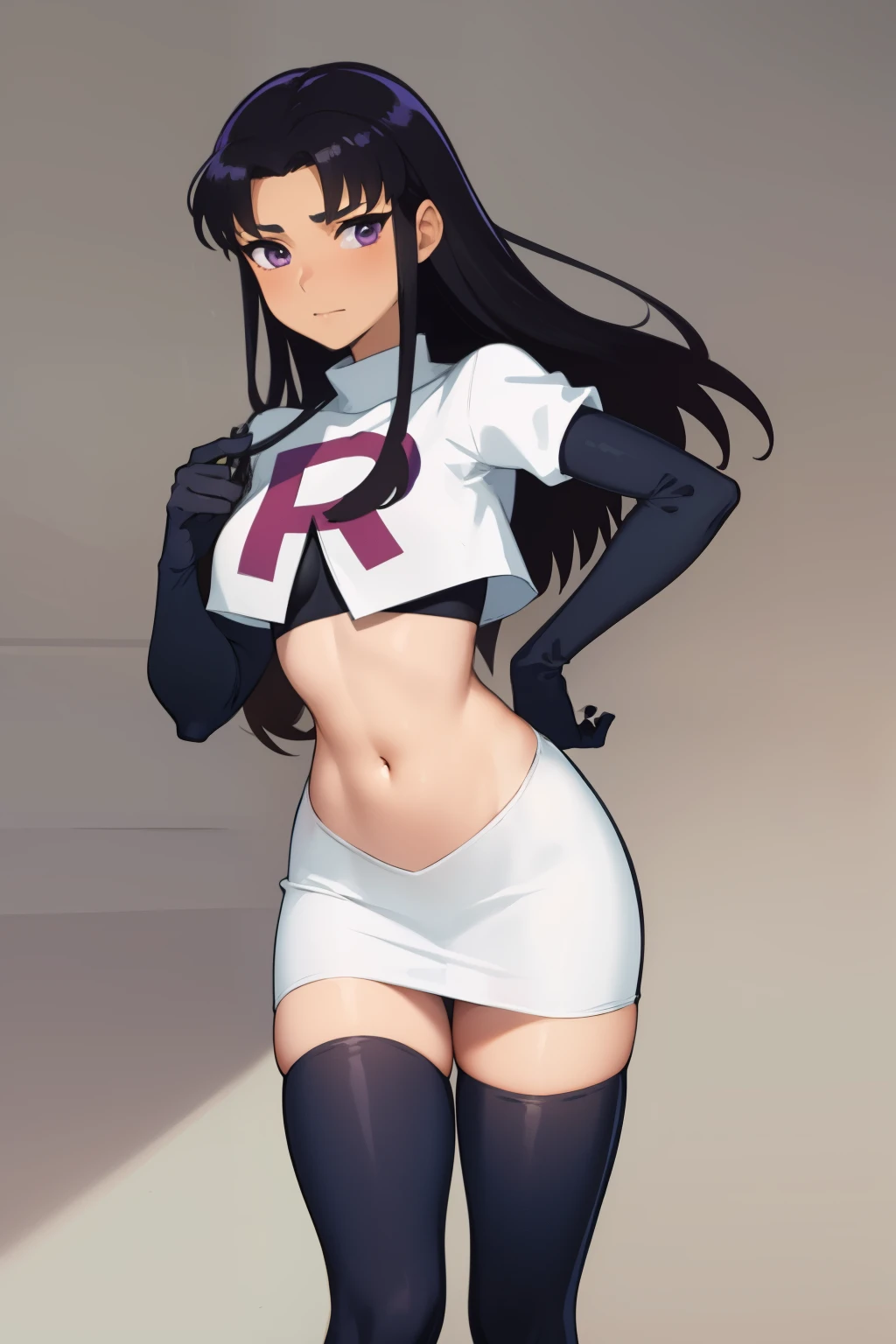 (masterpiece, best quality:1.2), blackfire, 1girl, solo, breasts, dark skin, team rocket,team rocket uniform,white skirt,red letter R,crop top,black thigh-highs,black elbow gloves