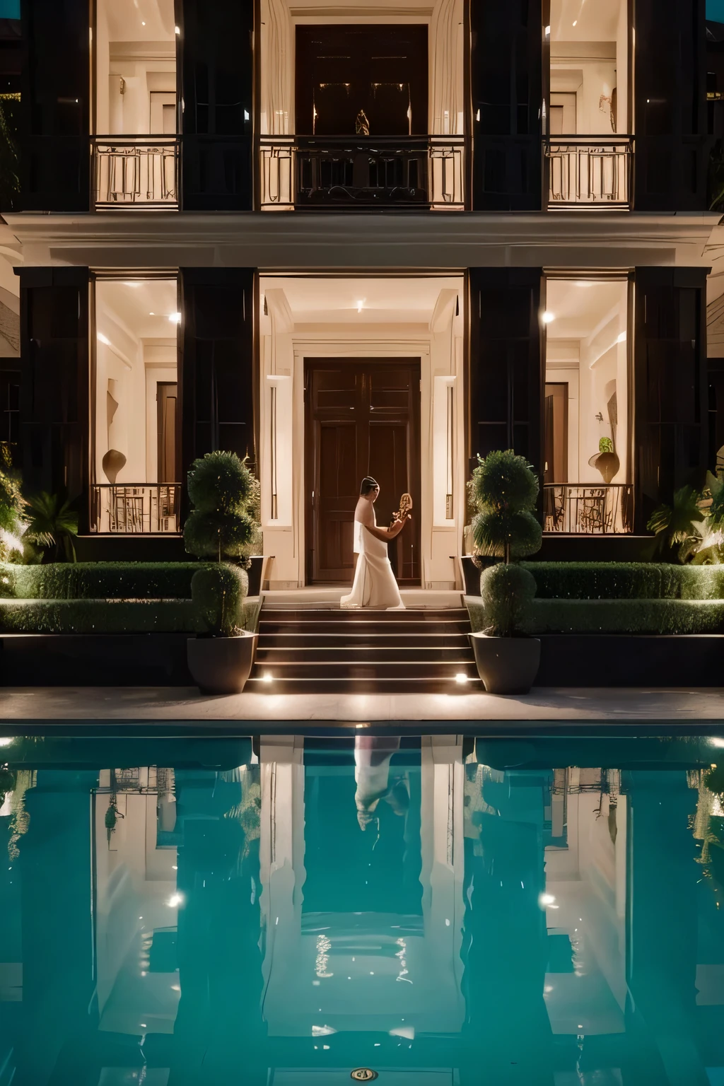 "Desenvolva um produto de alta qualidade, cinematic style image depicting a person living a life of luxury and opulence. Capture the glamorous atmosphere of your elegant residence, com detalhes refinados, as sophisticated furniture, luxurious decoration and ambient lighting that enhance the richness of the environment. Destaque a pessoa que desfruta de momentos de lazer em ambientes indulgentes, como uma piscina de borda infinita, jardins bem cuidados ou vistas deslumbrantes. Convey the feeling of a prosperous life full of indulgences, using a visual approach that highlights both the aesthetic beauty and luxurious atmosphere of the scene."