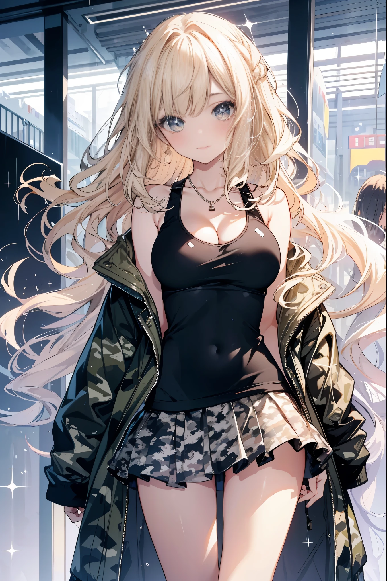 highest quality, masterpiece, long eyelashes, Sparkling輝く目, mini skirt, Sparkling, big breasts, show off your breasts, You can see the cleavage of your, Tank top, Camouflage jacket, platinum blonde, long straight hair,