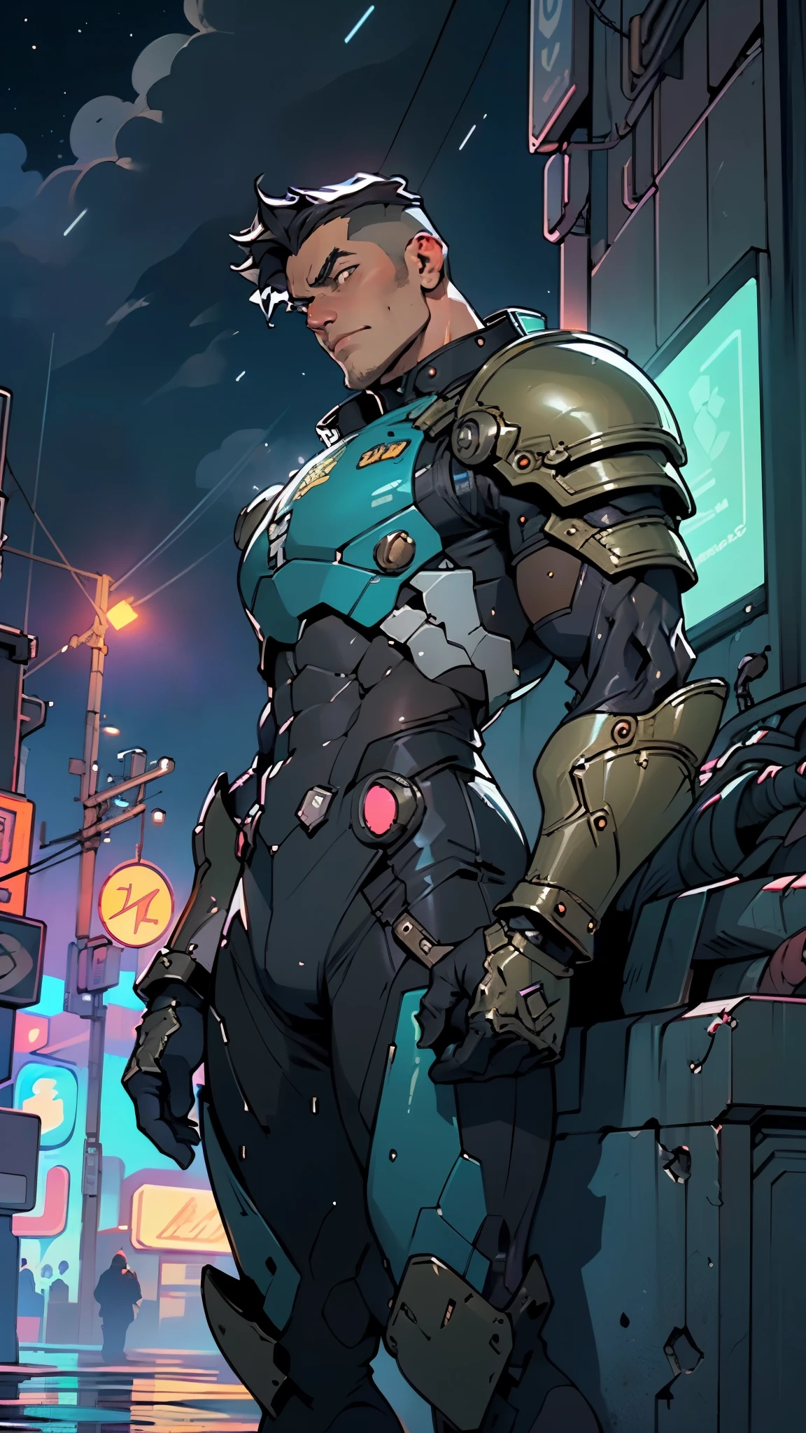 (man:1.5),muscular man in mecha armor,(((1man))),((man muscular in mecha armor)),
((exaggerated muscles,exaggerated shoulders,very muscular and huge)),man chest,((((muscular,muscular man,tall,big biceps,abs,big thighs,broad shoulders)))),
mandalorian helmet,underwater armor,mecha armor,full of weapons,((LED lights, RGB lights,black and neon blue armor)),((wet armor,intricate armor,detailed armor)),
(dynamic pose:1.0),solo focus,(centered,scale to fit dimensions,Rule of thirds),
cyberpunk city by the ocean at night, with bright neon signs and dark stormy clouds and puddles, scenery:1.25,nighttime, starry night, cosmos,Very dark night that makes the neon lights stand out, very bright neon lights,nighttime, starry night, cosmos,
highres, sharp focus, (ultra detailed, extremely detailed), (photorealistic artwork:1.37),(extremely detailed CG unity 8k wallpaper),((synthwave background theme)),(((vibrant colors))),(intricate background),(masterpiece),(best quality),